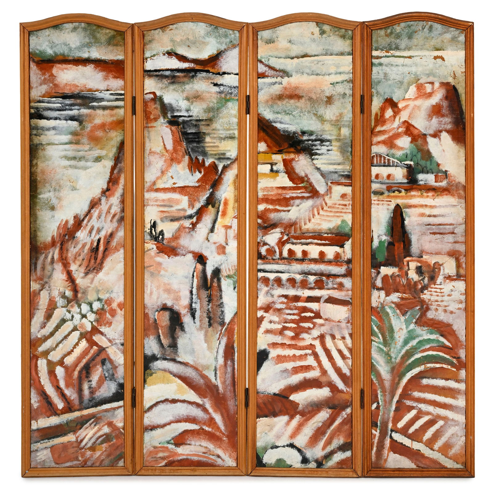 Raoul Domenjoz (1896-1978), Temple, 1939, paravent composé de 4 huiles sur papier monté su: Raoul Domenjoz (1896-1978), Temple, 1939, paravent composé de 4 huiles sur papier monté sur panneaux, signé et daté, 174x41,5 (chaque panneau), 174x166 cm (paravent complet) 