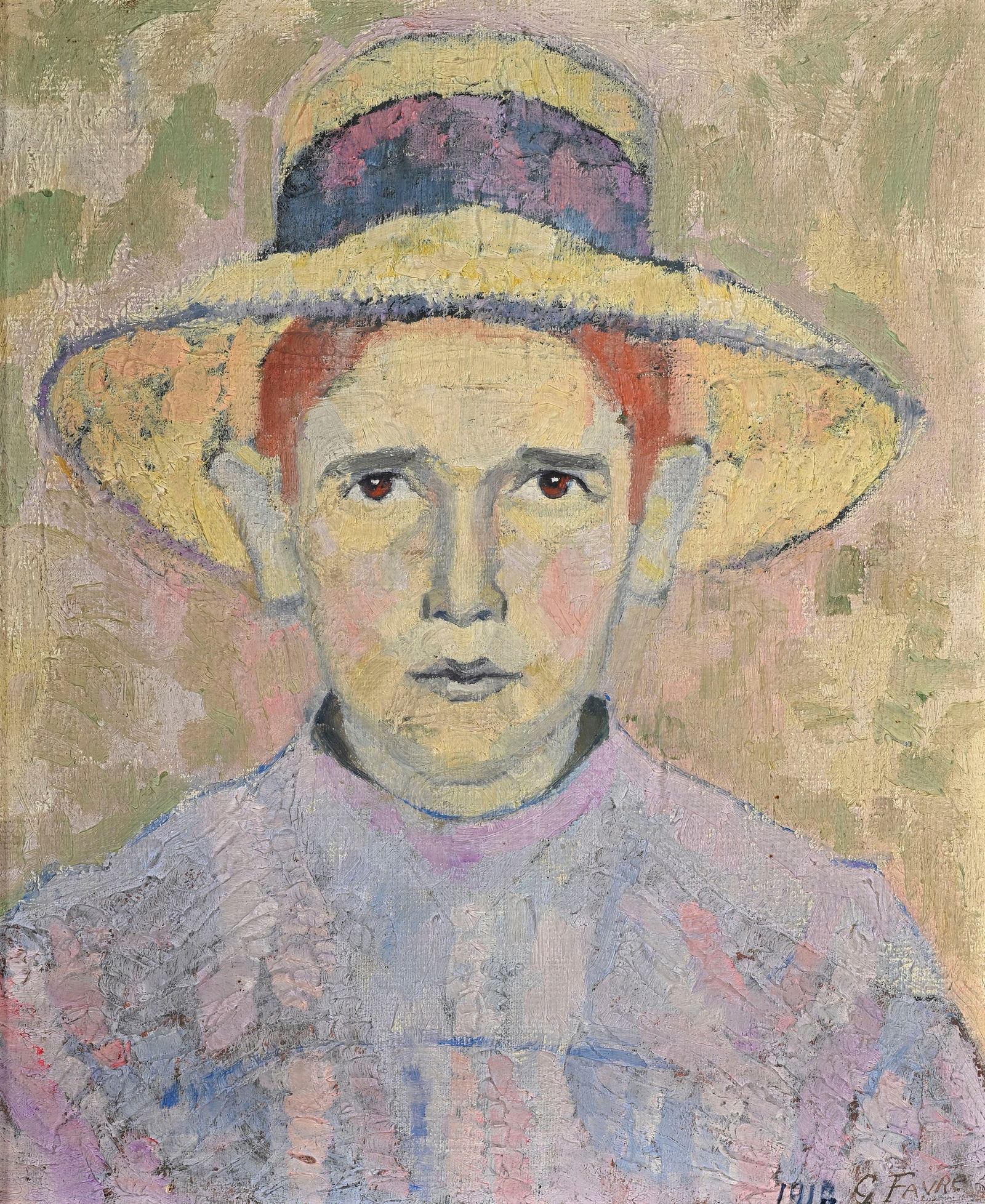 G. Favre (XIX-XX), Femme au chapeau, 1918, huile sur toile, signée et datée, inscriptions : G. Favre (XIX-XX), Femme au chapeau, 1918, huile sur toile, signée et datée, inscriptions au verso (illisibles), 46,5x38 cm