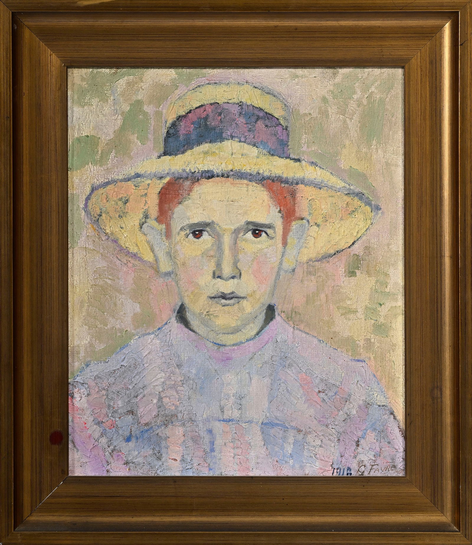 G. Favre (XIX-XX), Femme au chapeau, 1918, huile sur toile, signée et datée, inscriptions  - 2