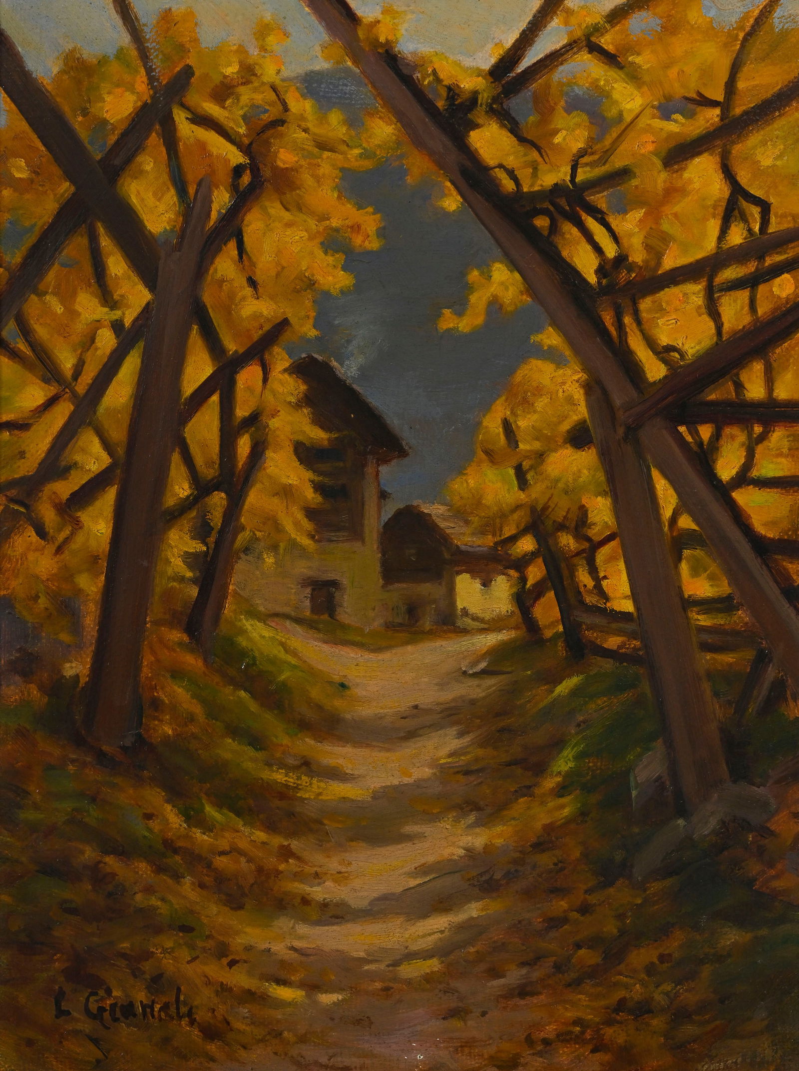 Louis Camille Gianoli (1868-1957), Vue automnale sur les chalets d'Eyholz, huile sur toile, sign: Louis Camille Gianoli (1868-1957), Vue automnale sur les chalets d'Eyholz, huile sur toile, signée, contresignée et située "Eyholz, Valais" au verso, 35,5x27 cm 