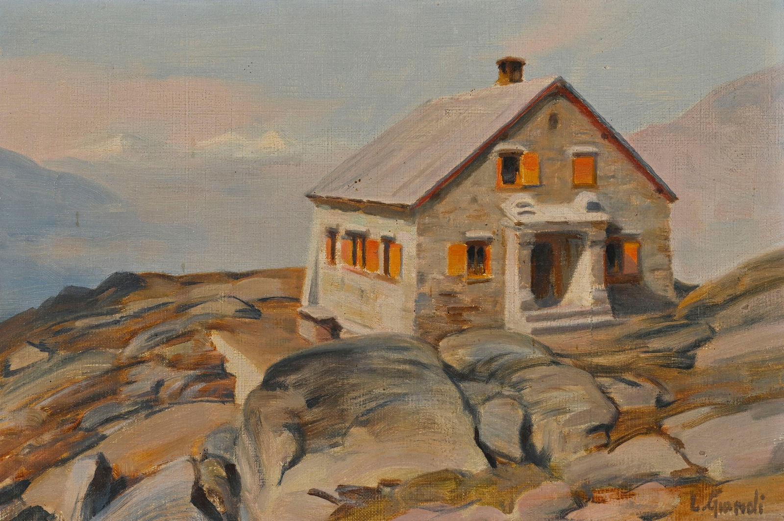 Louis Camille Gianoli (1868-1957), Vue de la cabane Bordier, huile sur toile, signée, contresig: Louis Camille Gianoli (1868-1957), Vue de la cabane Bordier, huile sur toile, signée, contresignée, datée et dédicacée au verso, 24x35 cm Provenance: Collection Pierre Bordier
