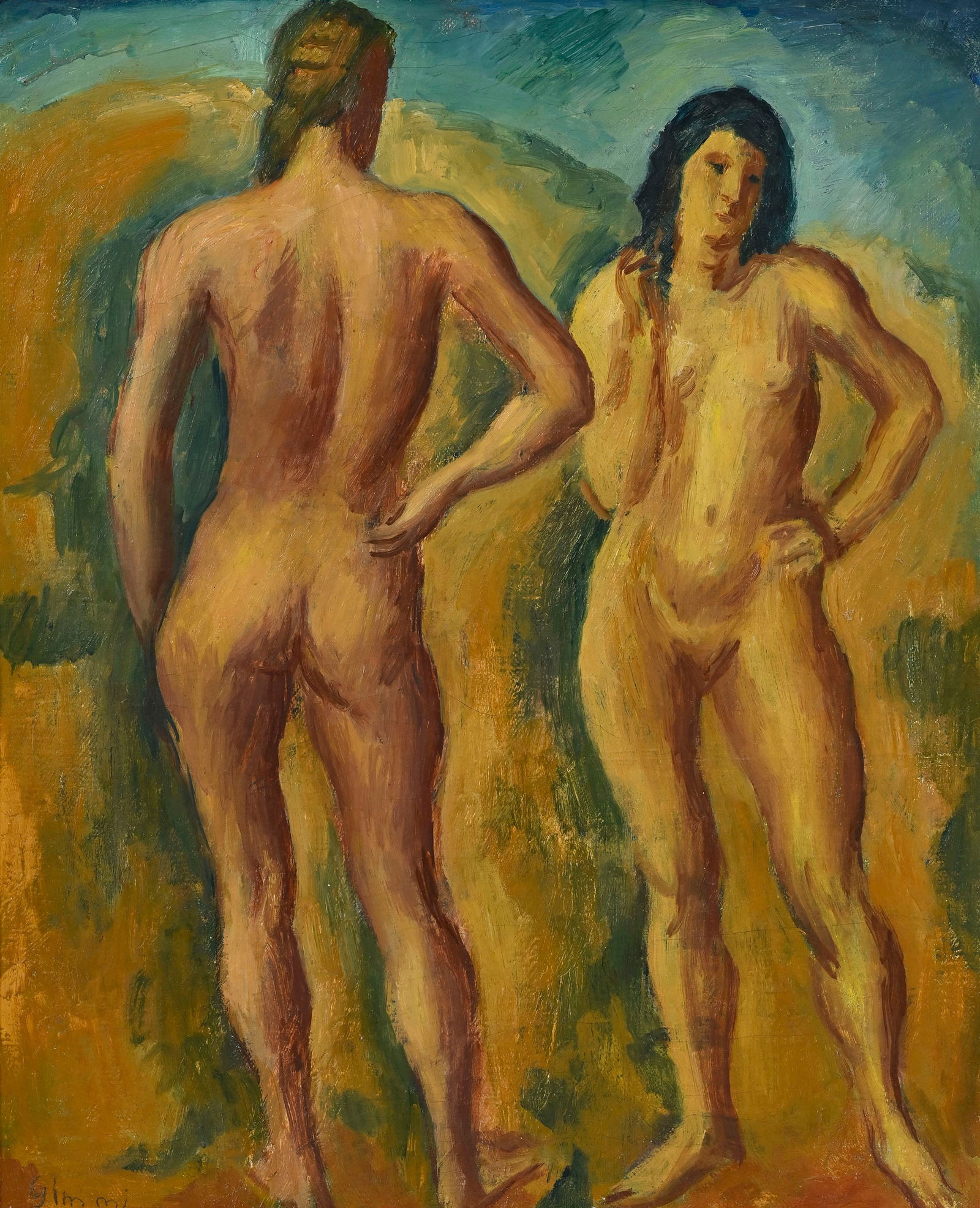 Wilhelm Gimmi (1886-1965), "Deux femmes nues debout", huile sur toile, signée, 46x38,5 cm : Wilhelm Gimmi (1886-1965), "Deux femmes nues debout", huile sur toile, signée, 46x38,5 cm Au verso: étiquette de la Galerie du Chêne, Lausanne, réf. 6037 