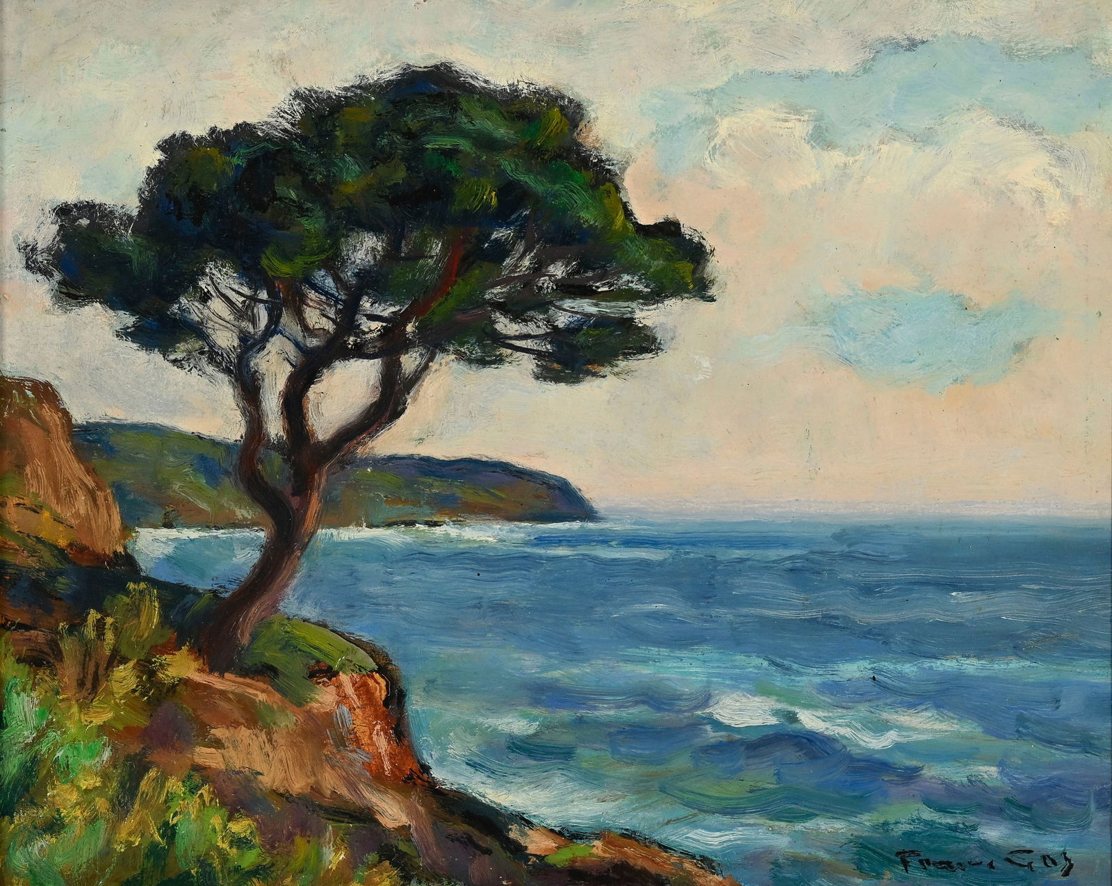 François Gos (1880-1975), "Le pin solitaire", huile sur isorel, signée, titrée et sit: François Gos (1880-1975), "Le pin solitaire", huile sur isorel, signée, titrée et située "Morillon-Toulon" au verso, 26,5x33 cm Au verso: étiquette et carte de vœux de