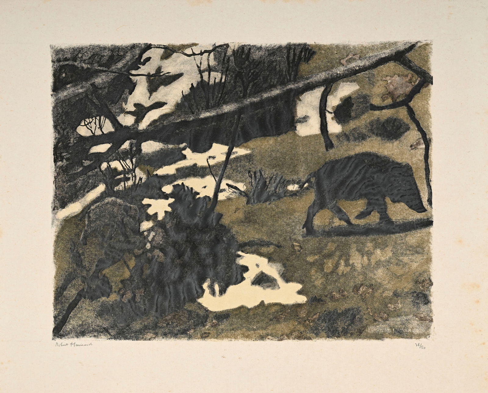 Robert Hainard (1906-1999), "Sangliers", 14 février 1946, bois gravé, signé, daté: Robert Hainard (1906-1999), "Sangliers", 14 février 1946, bois gravé, signé, daté, situé "Sergy" dans la plaque, contresigné et numéroté 38/50 au crayon, 28x36