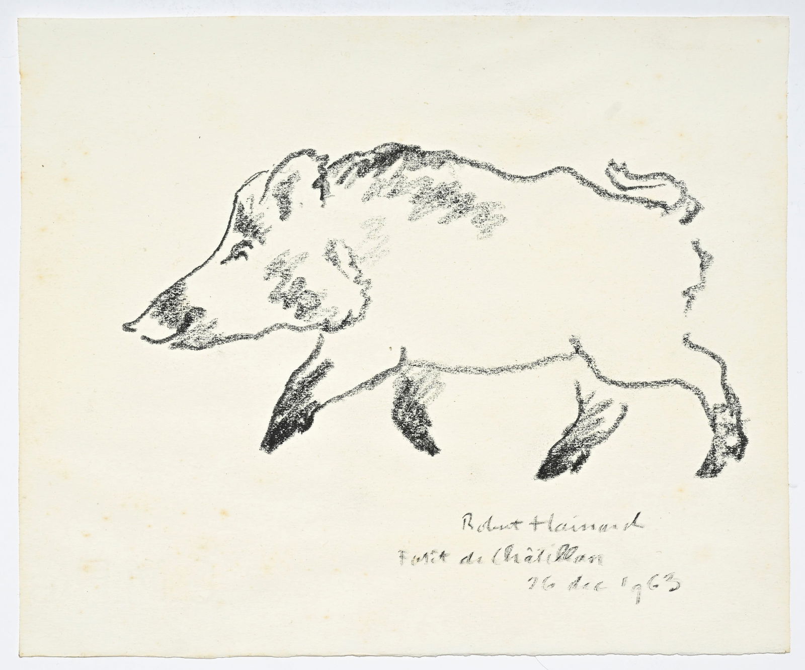 Robert Hainard (1906-1999), Sanglier, 26 décembre 1963, mine de plomb sur papier, signée, : Robert Hainard (1906-1999), Sanglier, 26 décembre 1963, mine de plomb sur papier, signée, datée et située "Forêt de Châtillon", 20x24 cm (feuille) ConditionRousseurs 
