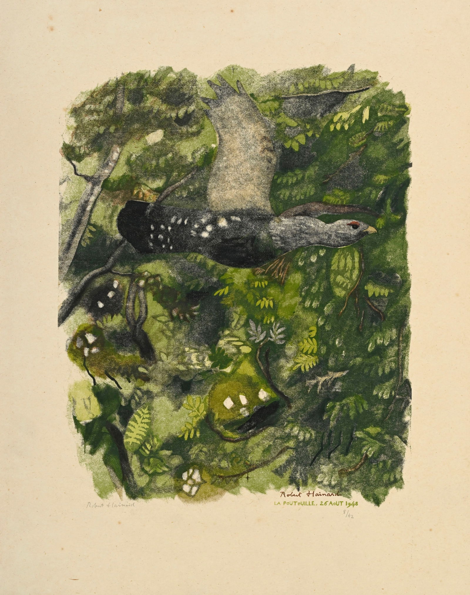 Robert Hainard (1906-1999), "Grand coq au vol", 26 août 1948, bois gravé, signé, dat& (1 of 6)