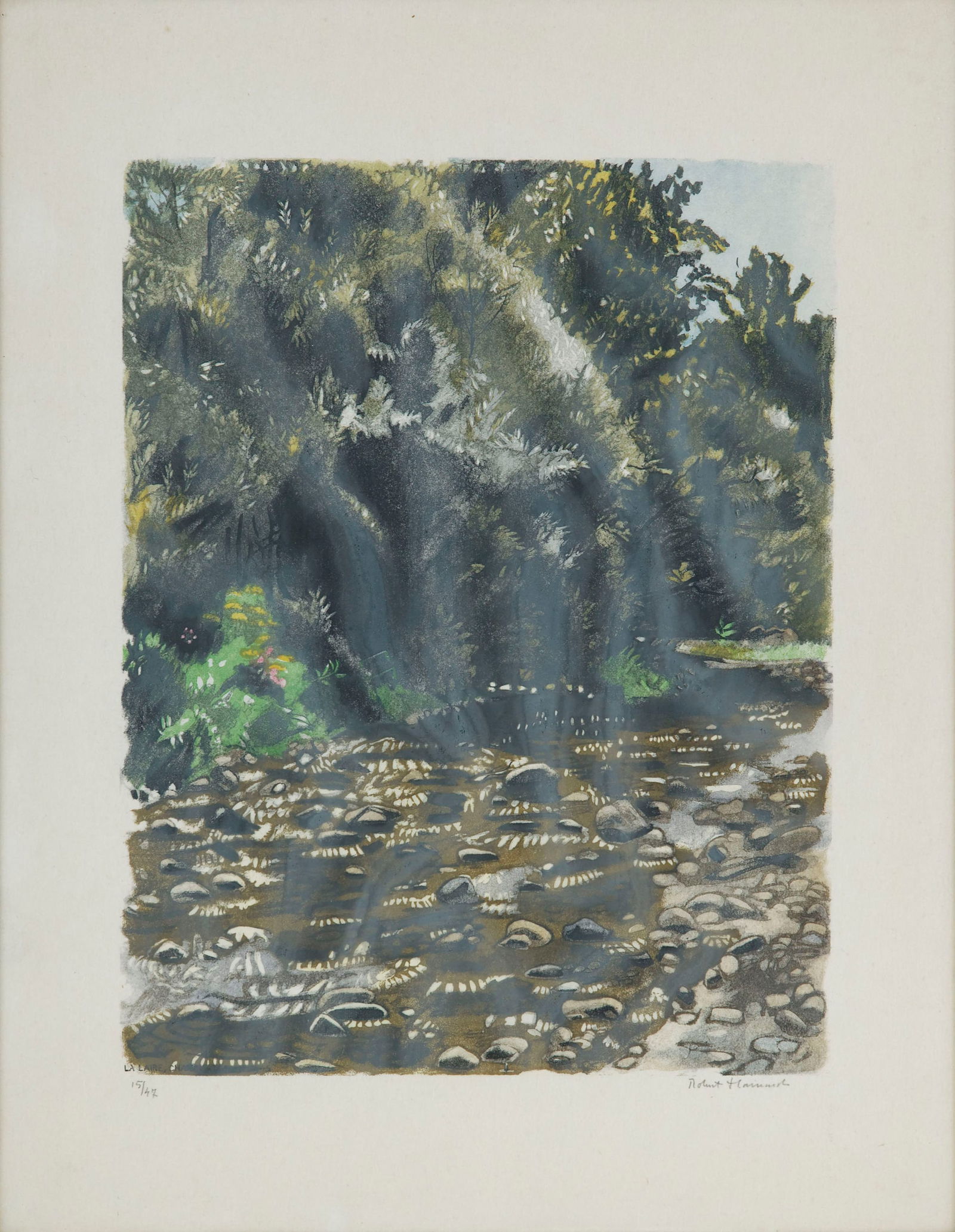 Robert Hainard (1906-1999), "La rivière (La Laire)", 28 août 1945, bois gravé, sign&#: Robert Hainard (1906-1999), "La rivière (La Laire)", 28 août 1945, bois gravé, signé, daté, situé "La Laire Chancy" dans la plaque, contresigné et