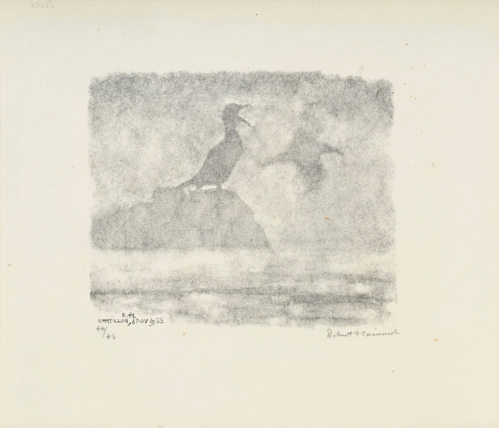 Robert Hainard (1906-1999), "Cormoran dans les brouillards du Rhône", 08 novembre 1933, bois gr: Robert Hainard (1906-1999), "Cormoran dans les brouillards du Rhône", 08 novembre 1933, bois gravé, monogrammé, daté et situé "Châtillon" dans la plaque,
