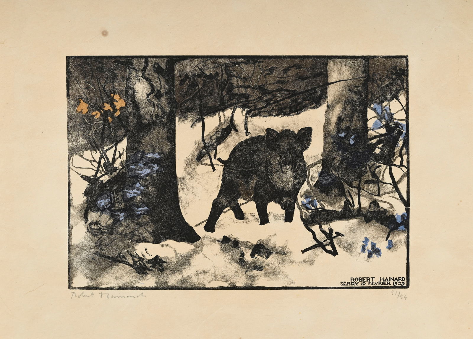 Robert Hainard (1906-1999), "S_anglier_", 10 février 1929, bois gravé, signé, dat: Robert Hainard (1906-1999), "S_anglier_", 10 février 1929, bois gravé, signé, daté et situé "Sergy" dans la plaque, contresigné et numéroté 51/54 au crayon,