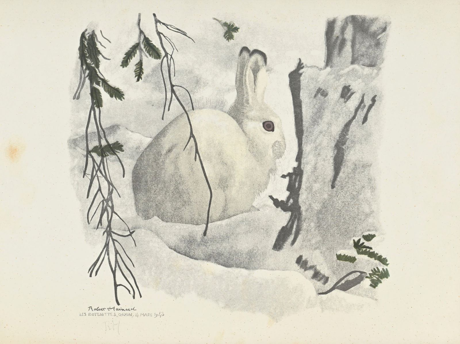 Robert Hainard (1906-1999), "Lièvre blanc", 14 mars 1943, impression, marqué "RH", sign: Robert Hainard (1906-1999), "Lièvre blanc", 14 mars 1943, impression, marqué "RH", signée, datée et située "Les Botenittes, Gryon", 24x26 cm Note: Faite dans le cadre de r