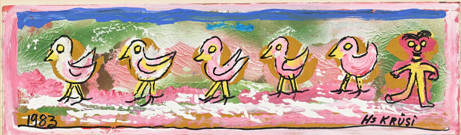 Hans Krüsi (1920-1995), "Rosa Kückchen", 1983, technique mixte sur papier, signée et : Hans Krüsi (1920-1995), "Rosa Kückchen", 1983, technique mixte sur papier, signée et datée, 15,5x54 cm Provenance: Galerie Contemporaine, Genève, 28.06.1984, puis