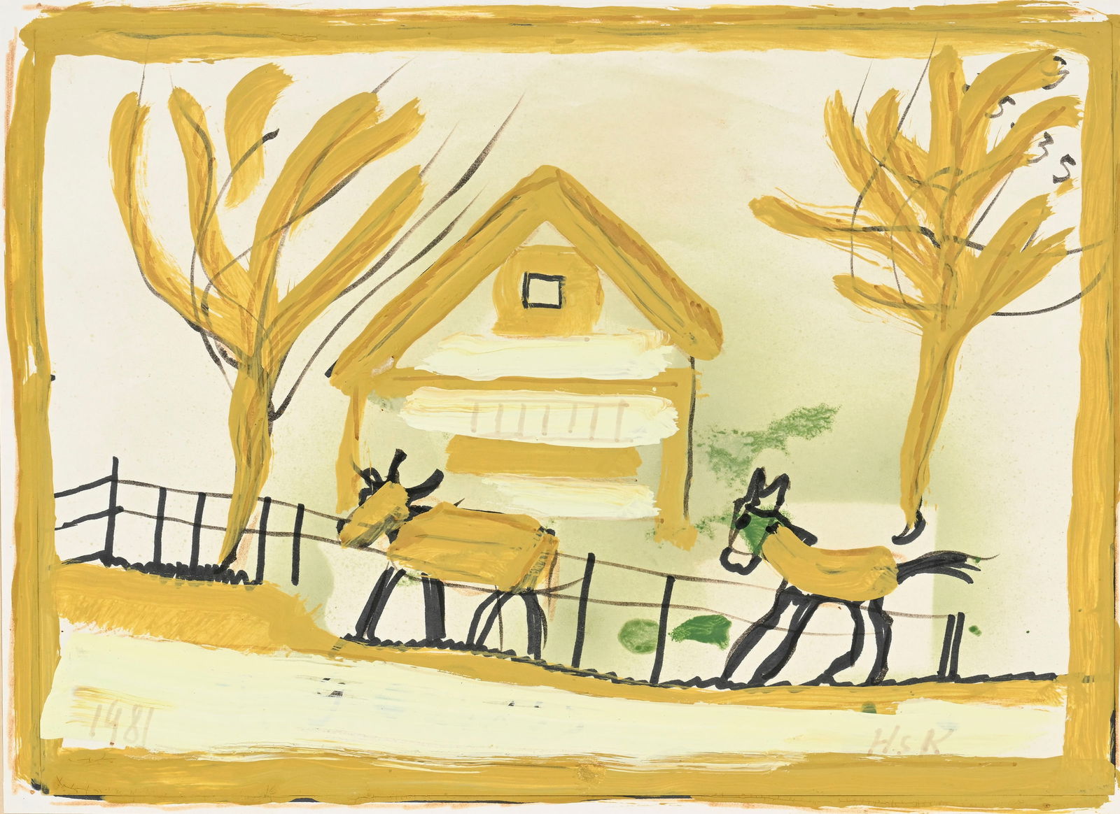 Hans Krüsi (1920-1995), "Dem Zaun entlang", 1981, technique mixte sur papier, monogrammée : Hans Krüsi (1920-1995), "Dem Zaun entlang", 1981, technique mixte sur papier, monogrammée et datée, 27x37,5 cm Provenance: Galerie Contemporaine, Genève, 28.06.1984, puis