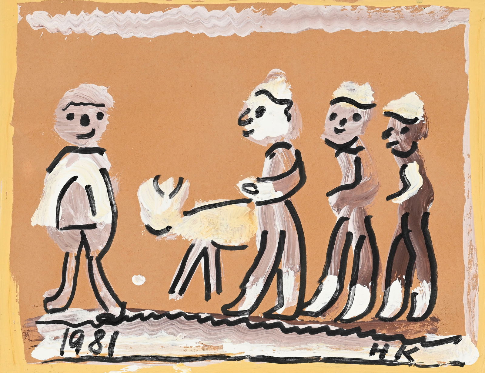 Hans Krüsi (1920-1995), "Peppi mit Geiss", 1981, technique mixte sur papier, monogrammée e: Hans Krüsi (1920-1995), "Peppi mit Geiss", 1981, technique mixte sur papier, monogrammée et datée, 21x27,5 cm Provenance: Galerie Contemporaine, Genève, 28.06.1984, puis