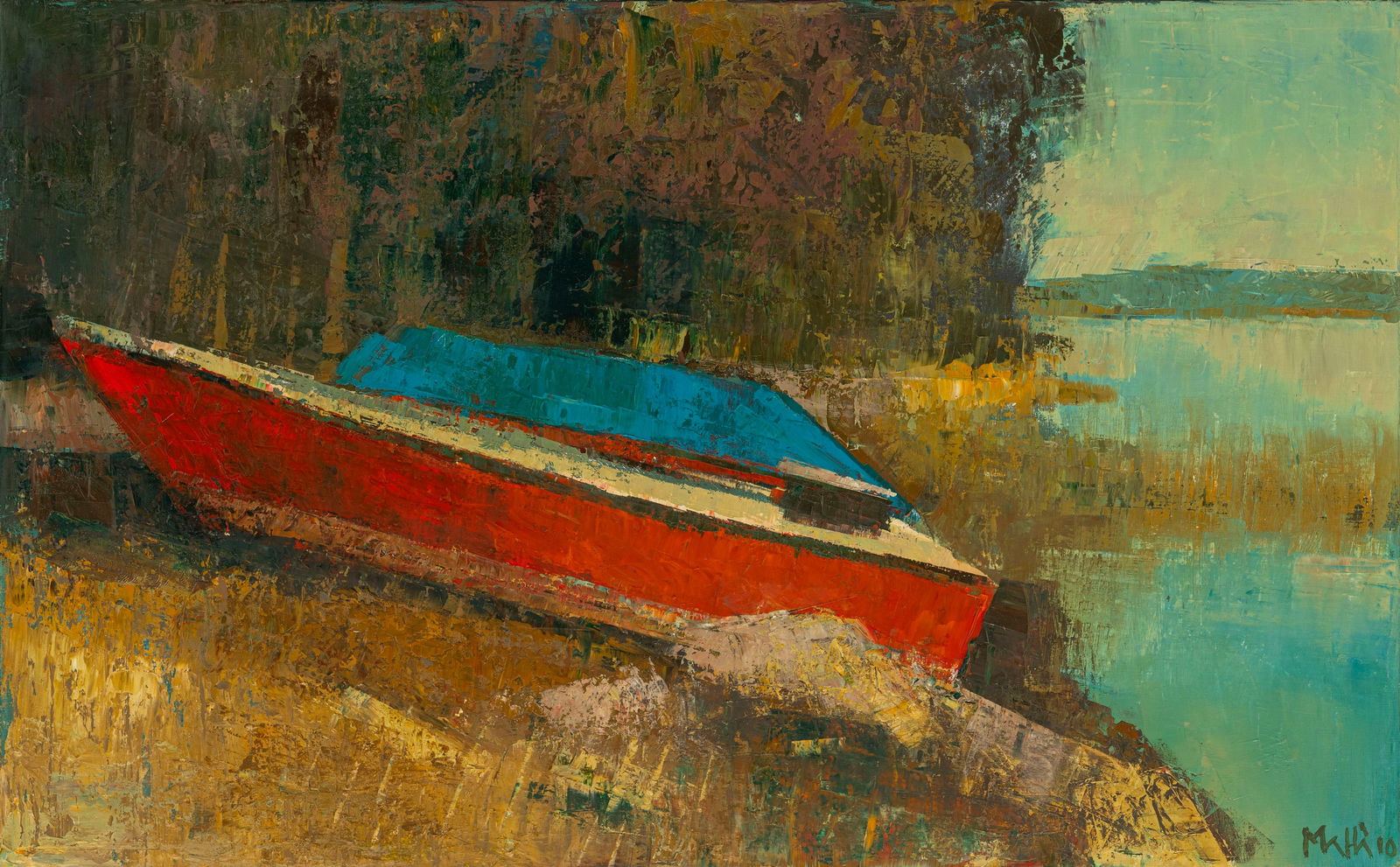 Walter Mafli (1915-2017), "Barque au lac de Bret", 2010, huile sur toile, signée et datée,: Walter Mafli (1915-2017), "Barque au lac de Bret", 2010, huile sur toile, signée et datée, 81x130 cm 