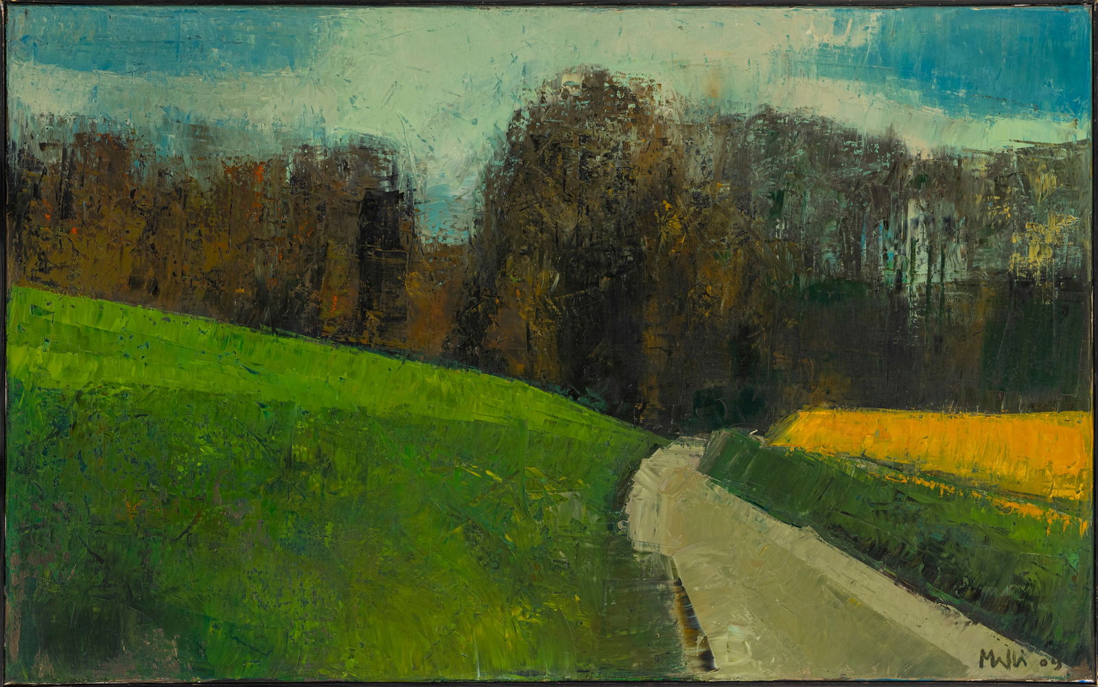 Walter Mafli (1915-2017), Chemin de campagne, 2009, huile sur toile, signée et datée, 81x1: Walter Mafli (1915-2017), Chemin de campagne, 2009, huile sur toile, signée et datée, 81x130 cm 