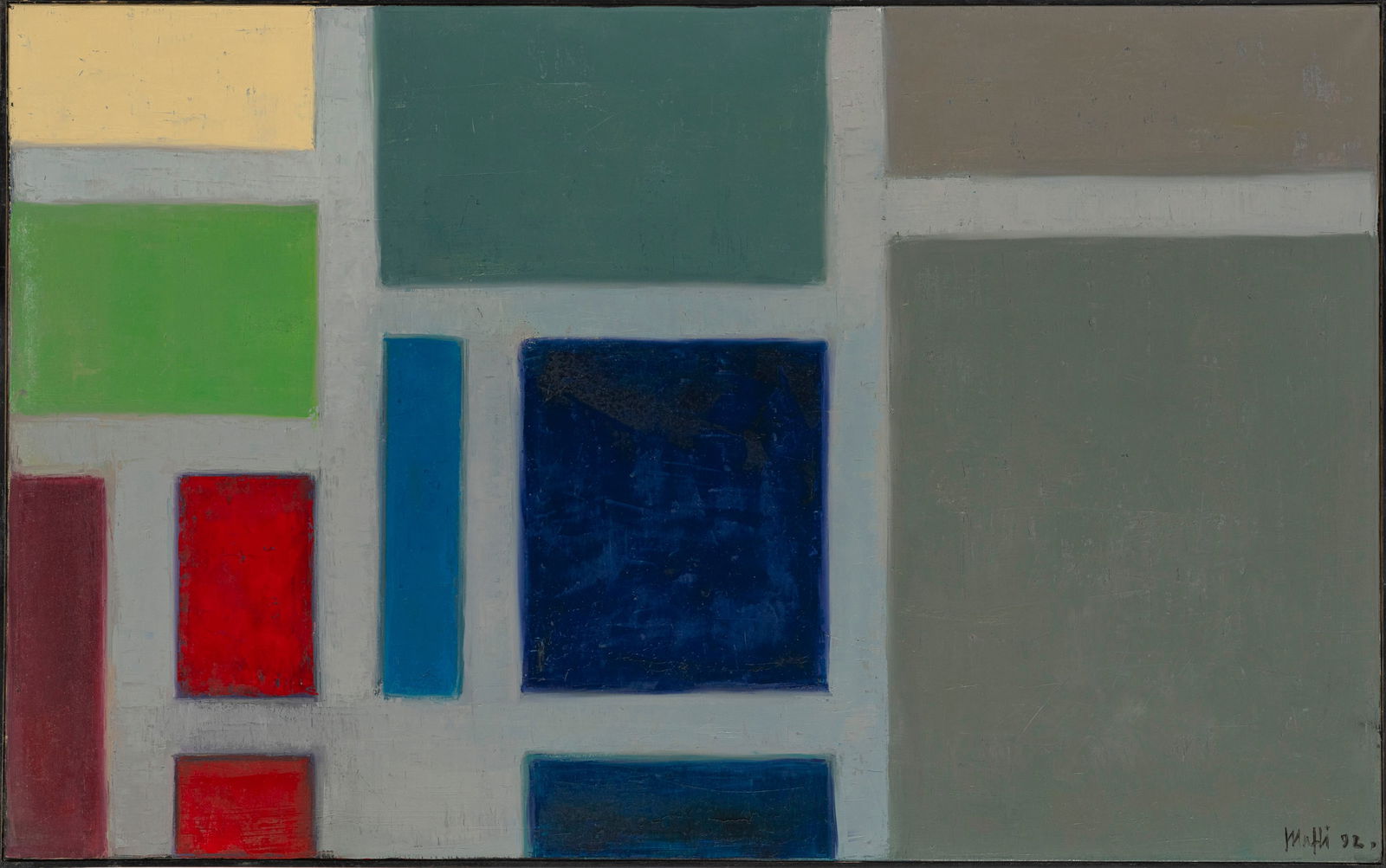Walter Mafli (1915-2017), Composition abstraite, 1992, huile sur toile, signée et datée, 8: Walter Mafli (1915-2017), Composition abstraite, 1992, huile sur toile, signée et datée, 81x130 cm 