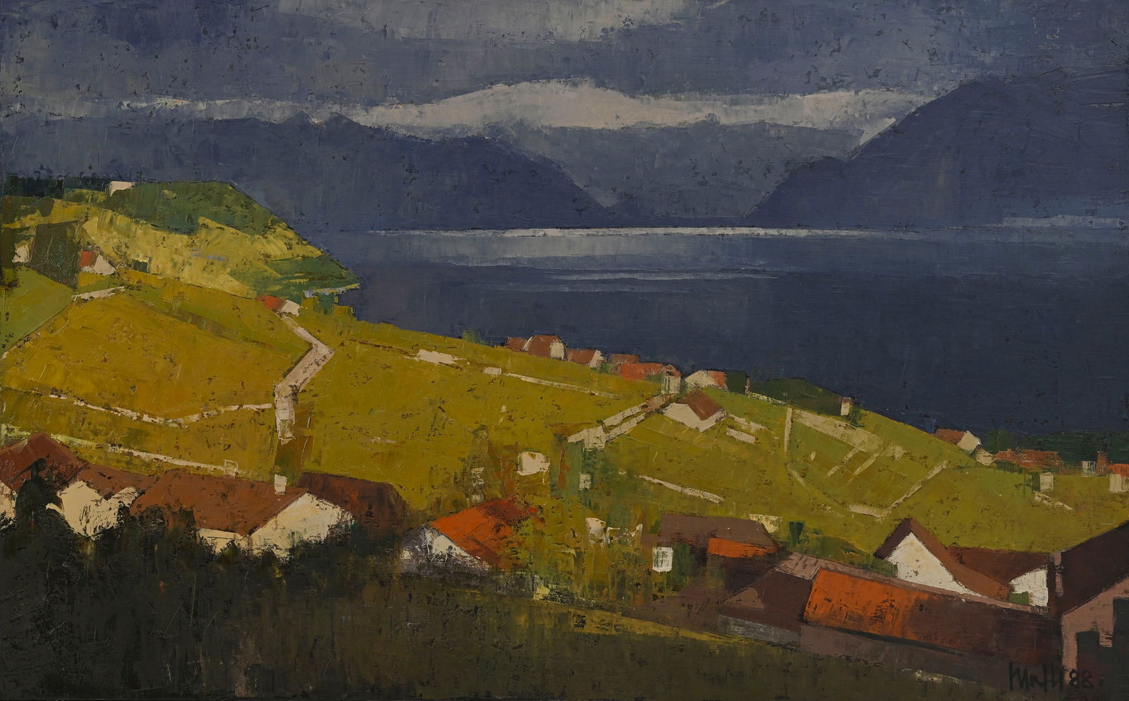Walter Mafli (1915-2017), Le Lavaux, 1988, huile sur toile, signée et datée, 81x130 cm : Walter Mafli (1915-2017), Le Lavaux, 1988, huile sur toile, signée et datée, 81x130 cm Provenance: Galerie Bungener, Genève, 1988 Exposition: Walter Mafli, Galerie Bungener,