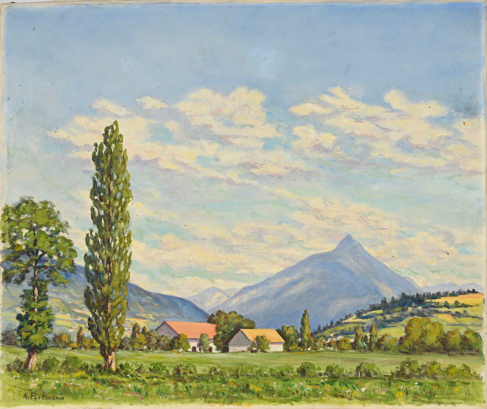 A. Portmann (XX), Paysage, huile sur toile, signée, 46,5x55 cm: A. Portmann (XX), Paysage, huile sur toile, signée, 46,5x55 cm