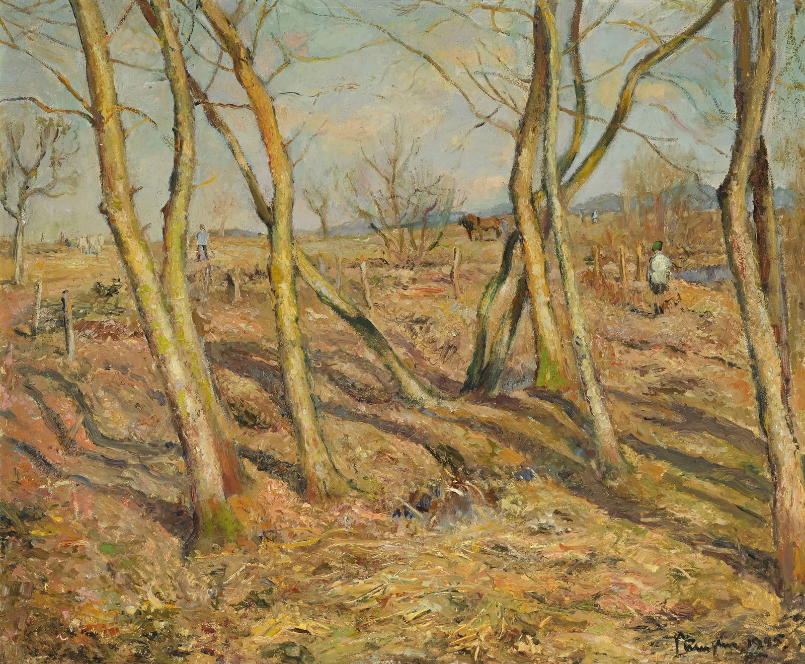 Fritz Pümpin (1901-1972), "Vorfrühling auf dem Wenslingsfeld", 1945, huile sur pavatex, si: Fritz Pümpin (1901-1972), "Vorfrühling auf dem Wenslingsfeld", 1945, huile sur pavatex, signée et datée, contresignée et titrée au verso, 58x71,5 cm Provenance: Collectio