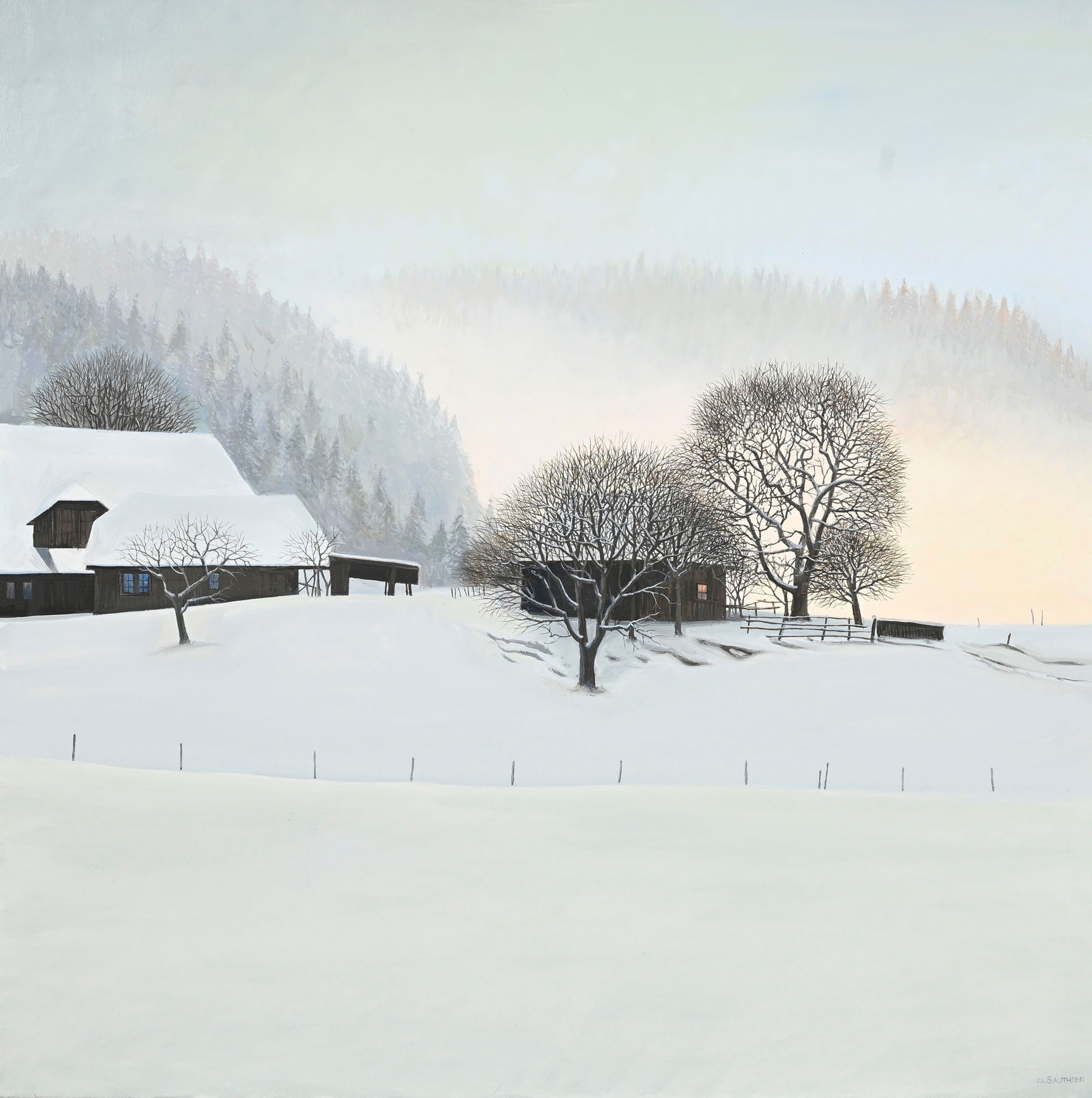 Claude Sauthier (1929-2016), Paysage enneigé, huile sur toile, signée, 130,5x130,5 cm: Claude Sauthier (1929-2016), Paysage enneigé, huile sur toile, signée, 130,5x130,5 cm