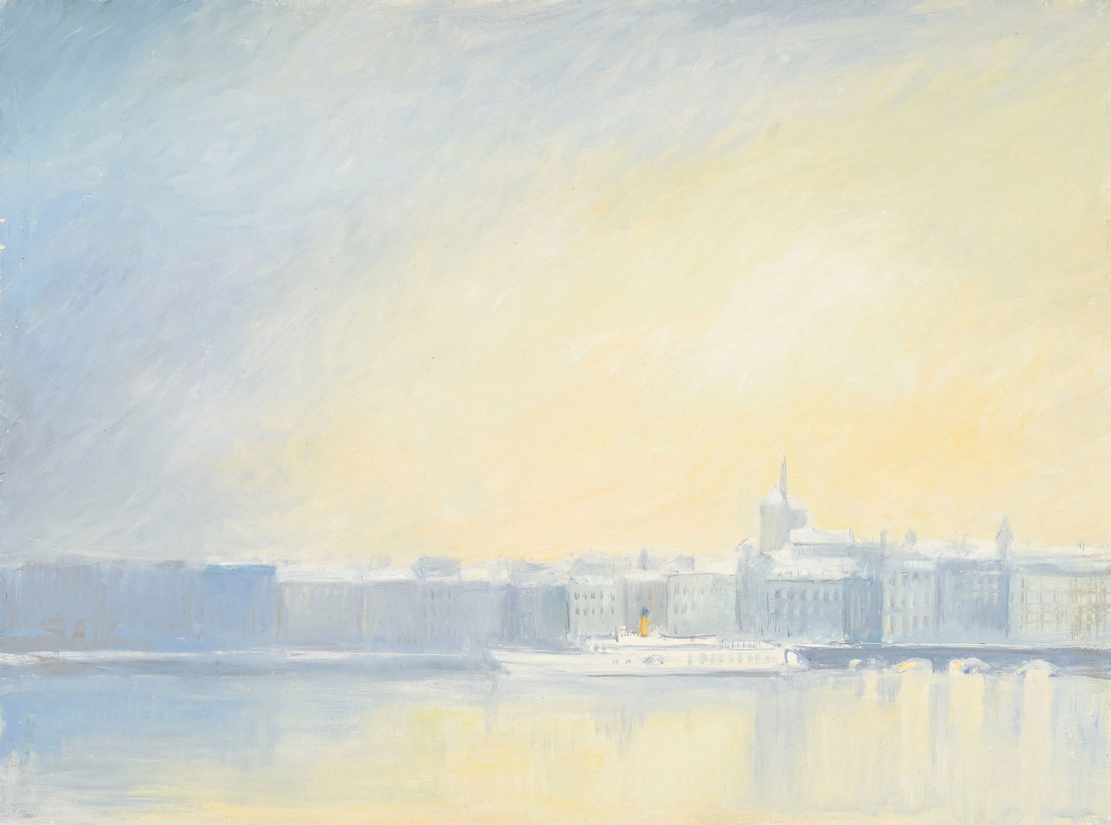 Claude Sauthier (1929-2016), Vue de Genève depuis le quai du Mont-Blanc, huile sur panneau, 54x: Claude Sauthier (1929-2016), Vue de Genève depuis le quai du Mont-Blanc, huile sur panneau, 54x73 cm