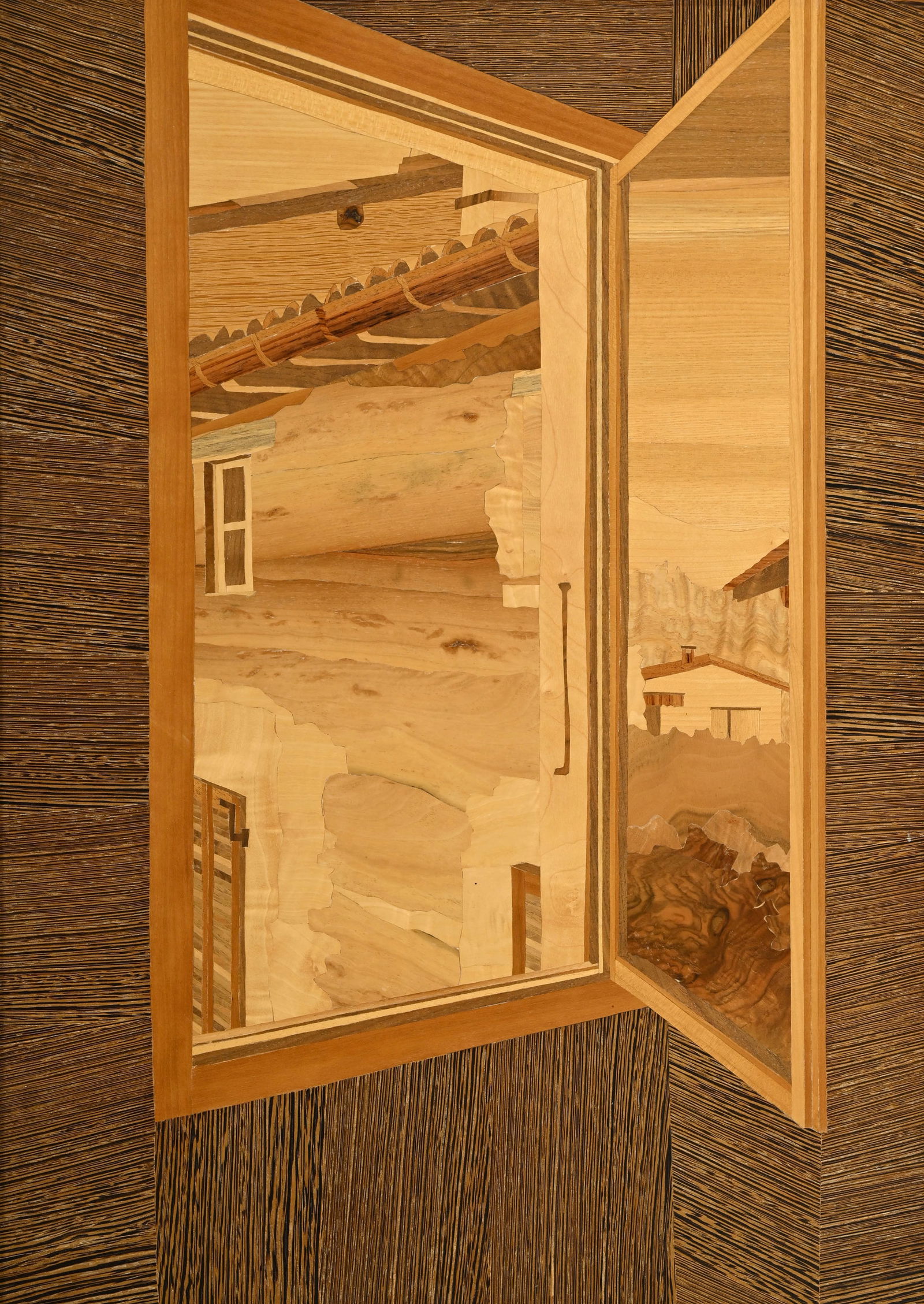 Ecole suisse du XXe s., Vue d'un chalet, 1986, tableau en marqueterie de bois, signé "Alexander: Ecole suisse du XXe s., Vue d'un chalet, 1986, tableau en marqueterie de bois, signé "Alexander Breu" et daté au verso, 70x50 cm 