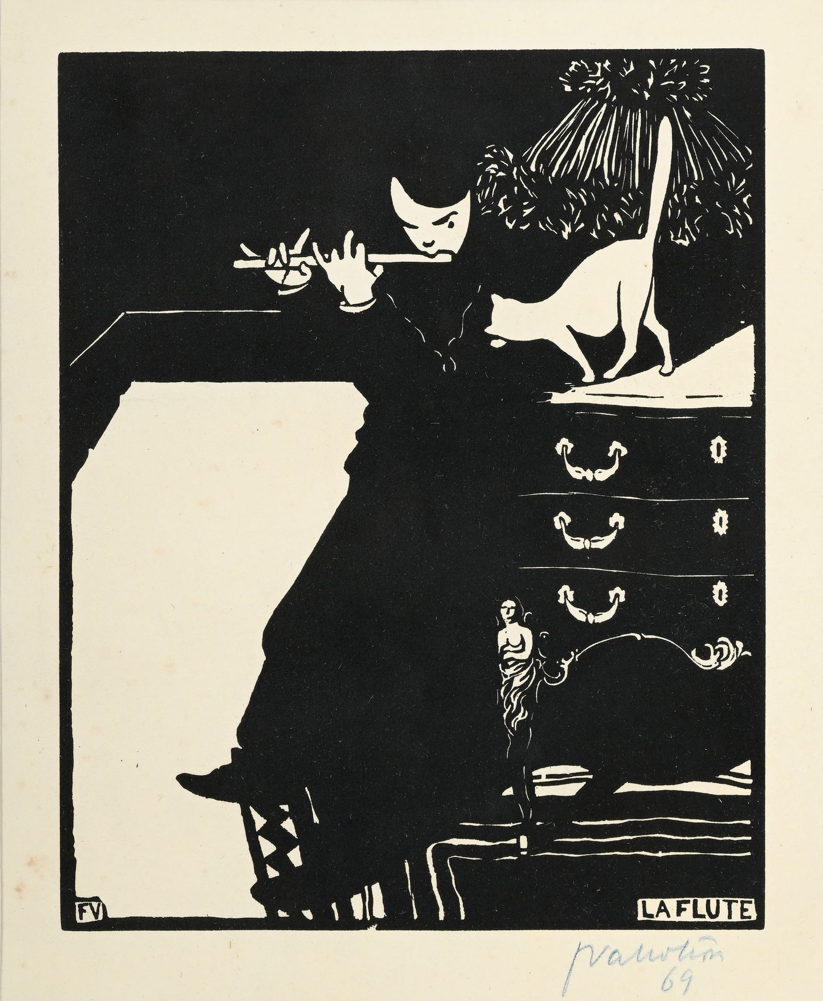 Félix Vallotton (1865-1925), "La flûte", 1896, bois gravé, monogrammé et titr: Félix Vallotton (1865-1925), "La flûte", 1896, bois gravé, monogrammé et titré dans la plaque, signé et numéroté 69 (sur 100) au crayon bleu, 22x18 cm Bibliogra