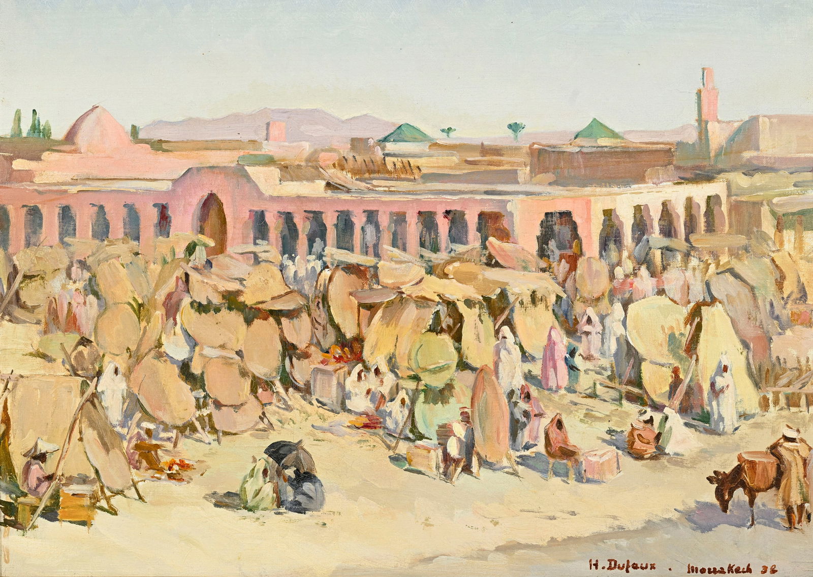 Henri Dufaux (1879-1980), Scène de marché, 1938, huile sur toile, signée, datée : Henri Dufaux (1879-1980), Scène de marché, 1938, huile sur toile, signée, datée et située "Marrakech", 35,5x47 cm 