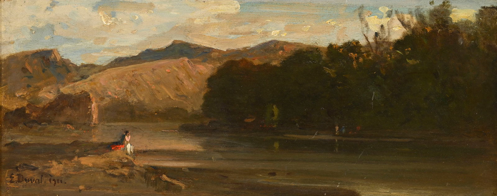 Etienne Duval (1824-1914), Personnage sur la berge, 1901, huile sur carton, signée et daté: Etienne Duval (1824-1914), Personnage sur la berge, 1901, huile sur carton, signée et datée, dédicacé "à Gaspard Wallette" au verso, 18,5x43,5 cm 