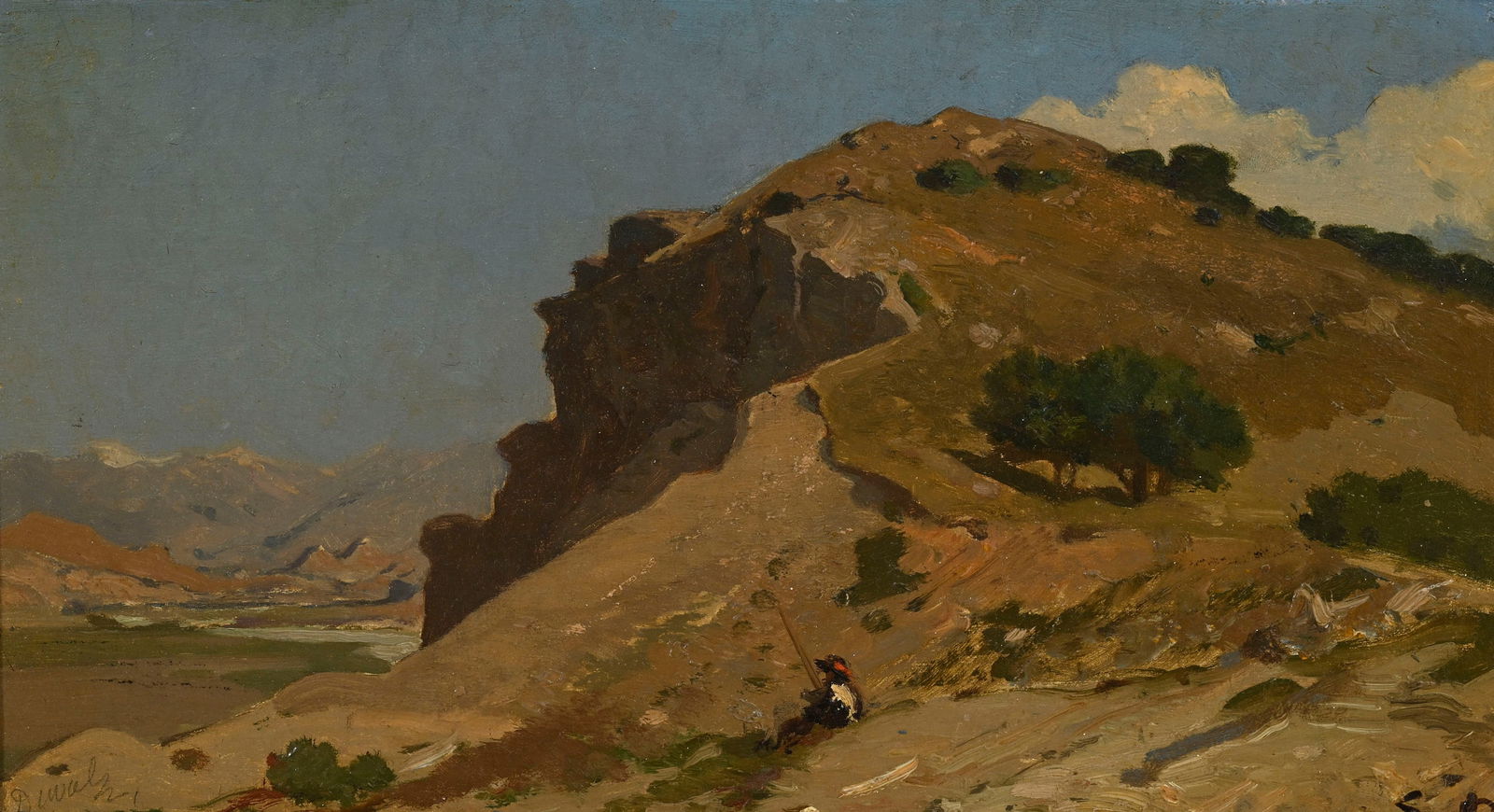 Étienne Duval (1824-1914), Paysage de roches animé, huile sur carton, monogrammée, 22: Étienne Duval (1824-1914), Paysage de roches animé, huile sur carton, monogrammée, 22,5x39 cm Exposition: Exposition posthume d'oeuvres d'Etienne Duval, Musée d'Art d'Histoire, Gen