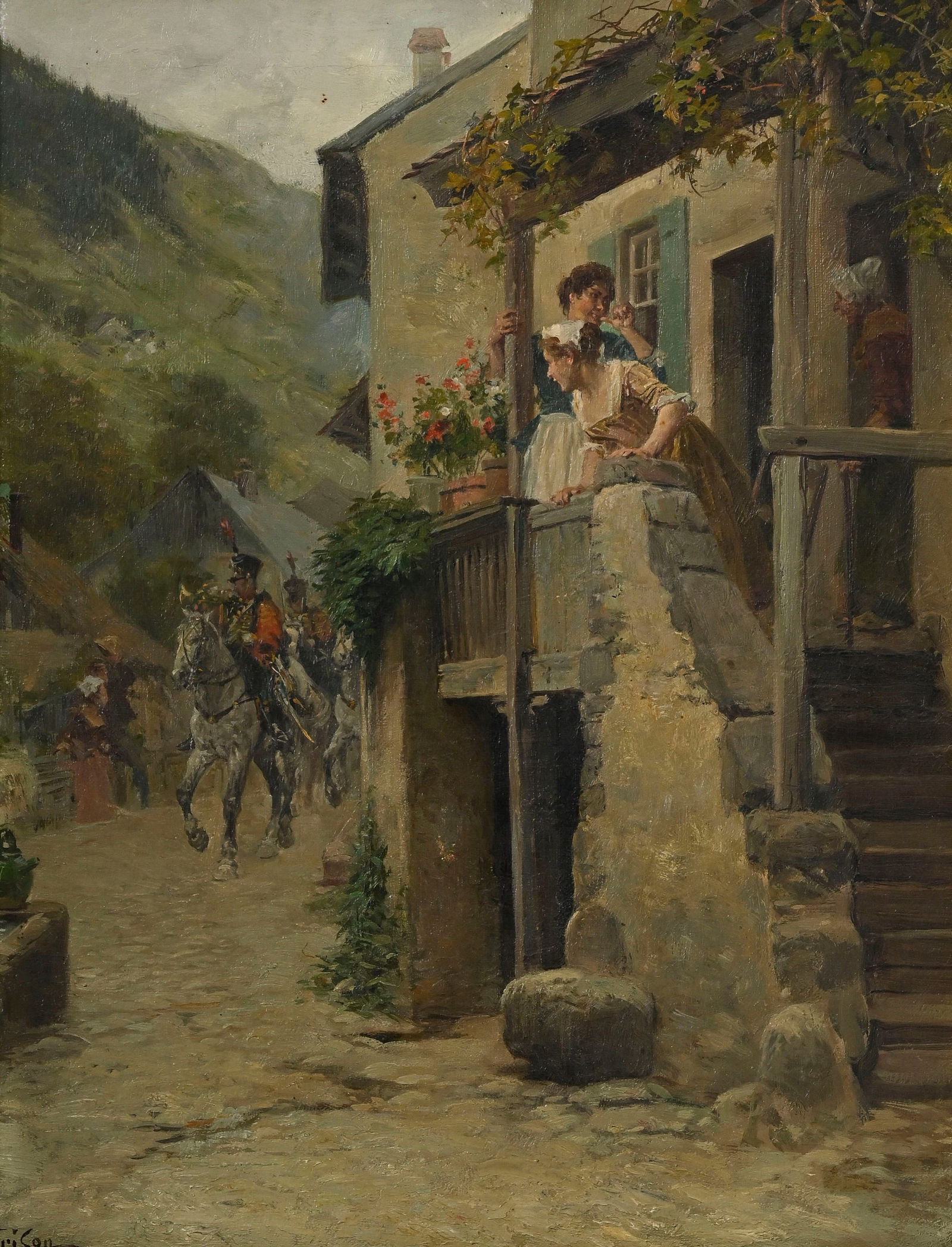 François-Adolphe Grison (1845-1914), Femmes au balcon et cavaliers entrant dans un village, hui: François-Adolphe Grison (1845-1914), Femmes au balcon et cavaliers entrant dans un village, huile sur toile, signée, 35,5x27,5 cm ConditionTrace de restauration avec très petites