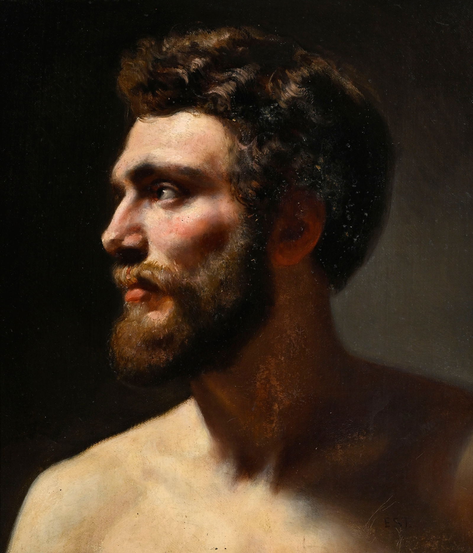 Ernst Stückelberg (1831-1903), Portrait d'homme, huile sur toile marouflée sur pavatex, mo: Ernst Stückelberg (1831-1903), Portrait d'homme, huile sur toile marouflée sur pavatex, monogrammée, 49,5x42,5 cm Condition Zone de lacune/usures autour de l'oreille et dans le c