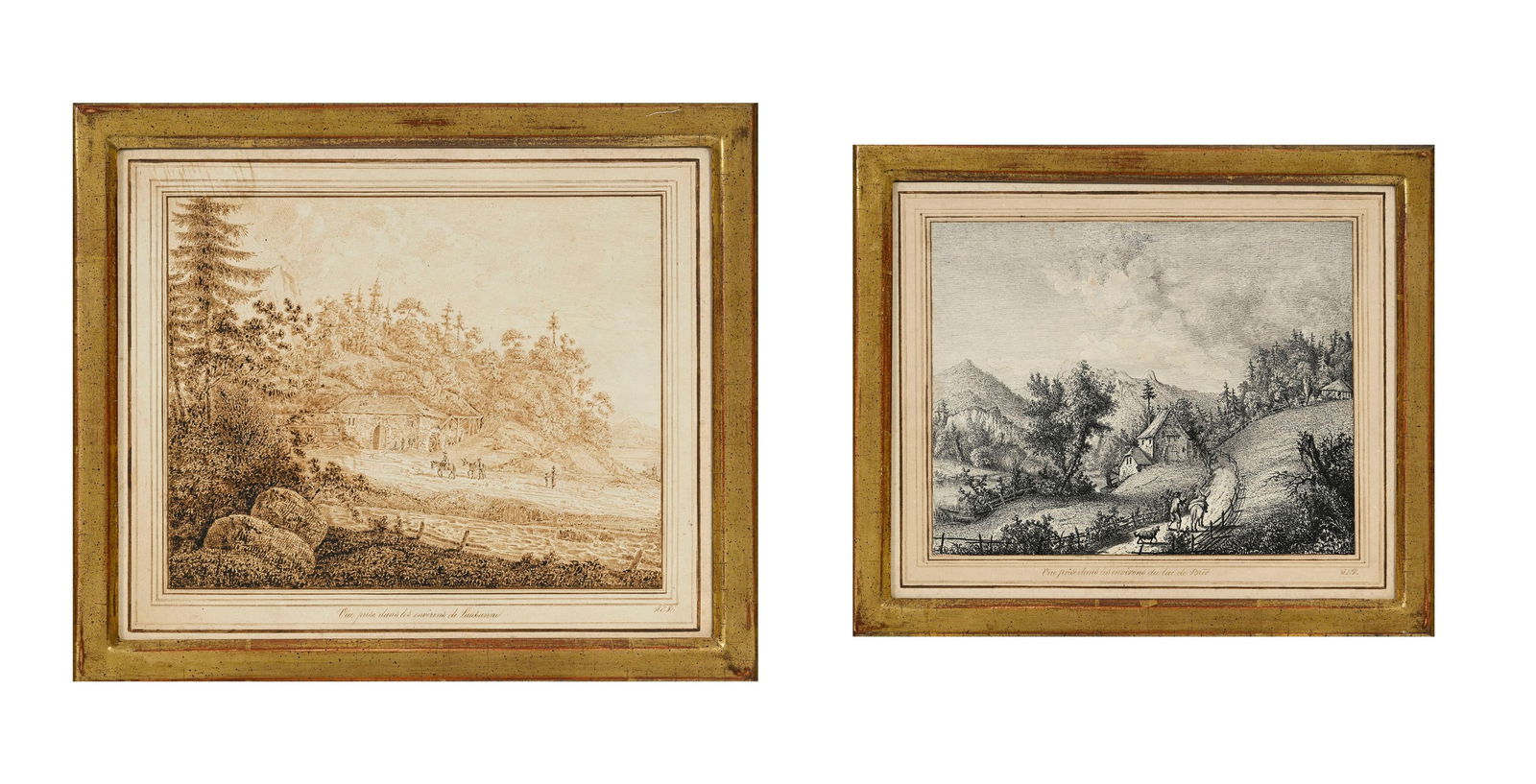 Ecole suisse du XVIIIe s., "Vue prise dans les environs du lac de Bret" et "Vue prise dans les envir: Ecole suisse du XVIIIe s., "Vue prise dans les environs du lac de Bret" et "Vue prise dans les environs de Lausanne", 2 encres sur papier contrecollé sur papier, monogrammées et titrées