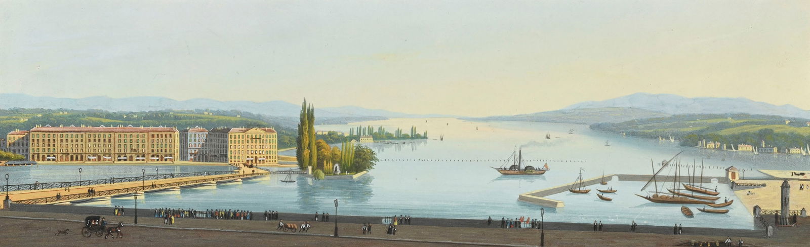 Ecole suisse du XIXe s., Panorama de Genève, gouache sur papier, 9x29 cm Provenance: Galerie G: Ecole suisse du XIXe s., Panorama de Genève, gouache sur papier, 9x29 cm Provenance: Galerie Grand-Rue Genève