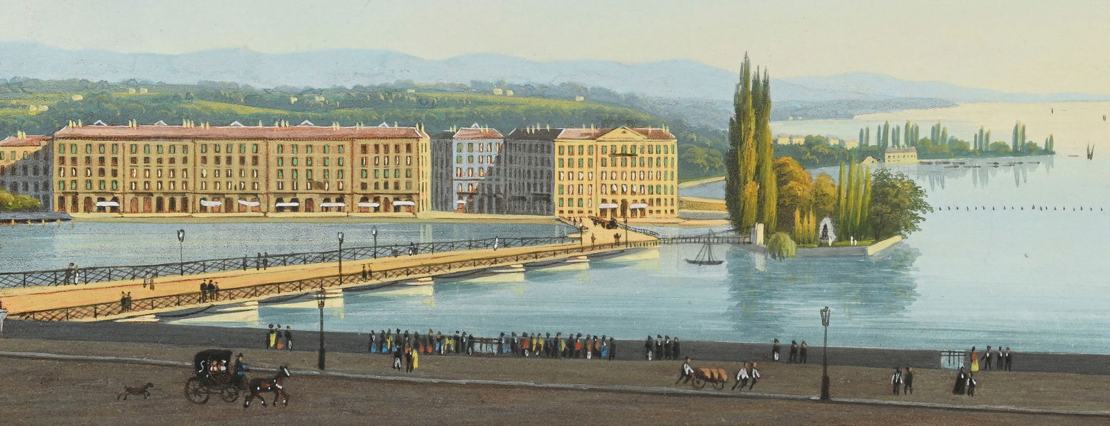 Ecole suisse du XIXe s., Panorama de Genève, gouache sur papier, 9x29 cm Provenance: Galerie G - 3