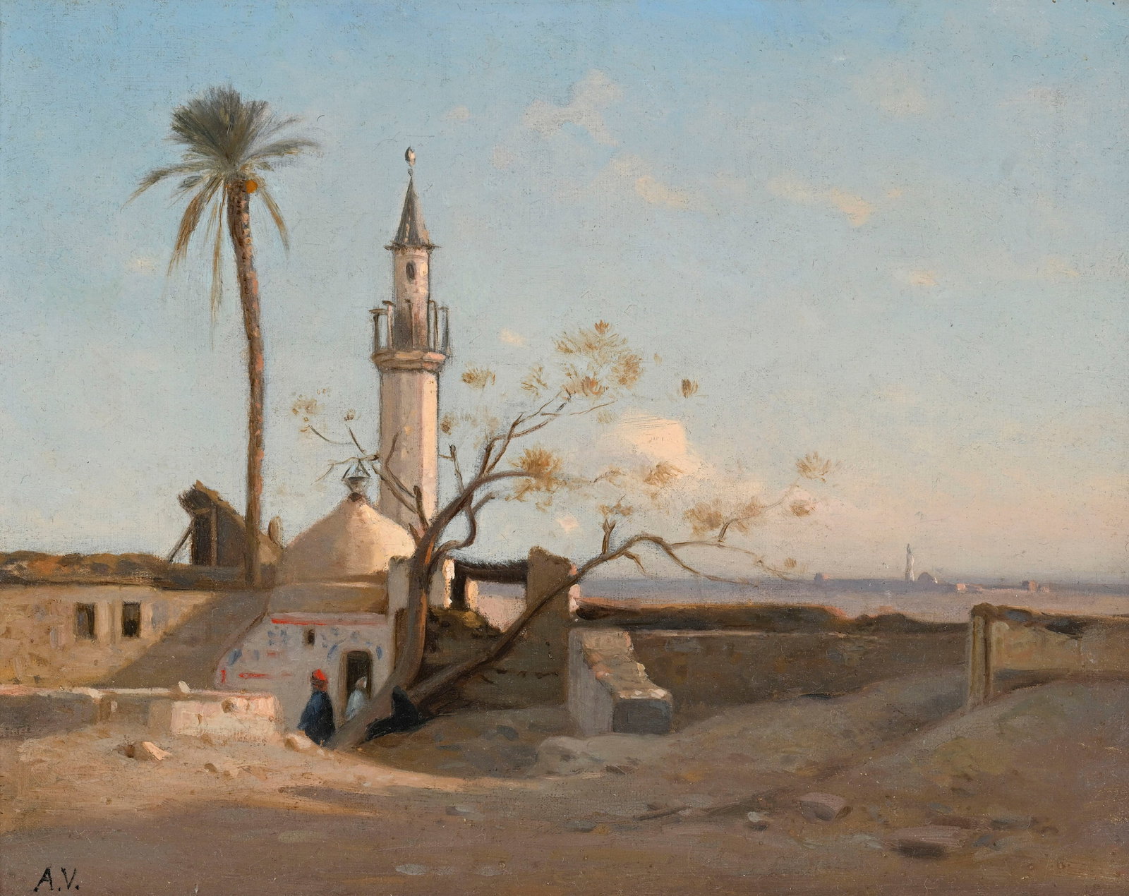 Auguste Louis Veillon (1834-1890), "Mosquée du port de Giseh", huile sur papier marouflé s: Auguste Louis Veillon (1834-1890), "Mosquée du port de Giseh", huile sur papier marouflé sur toile, monogrammée, signée, titrée et située "Le Caire" au verso, 23x29 cm