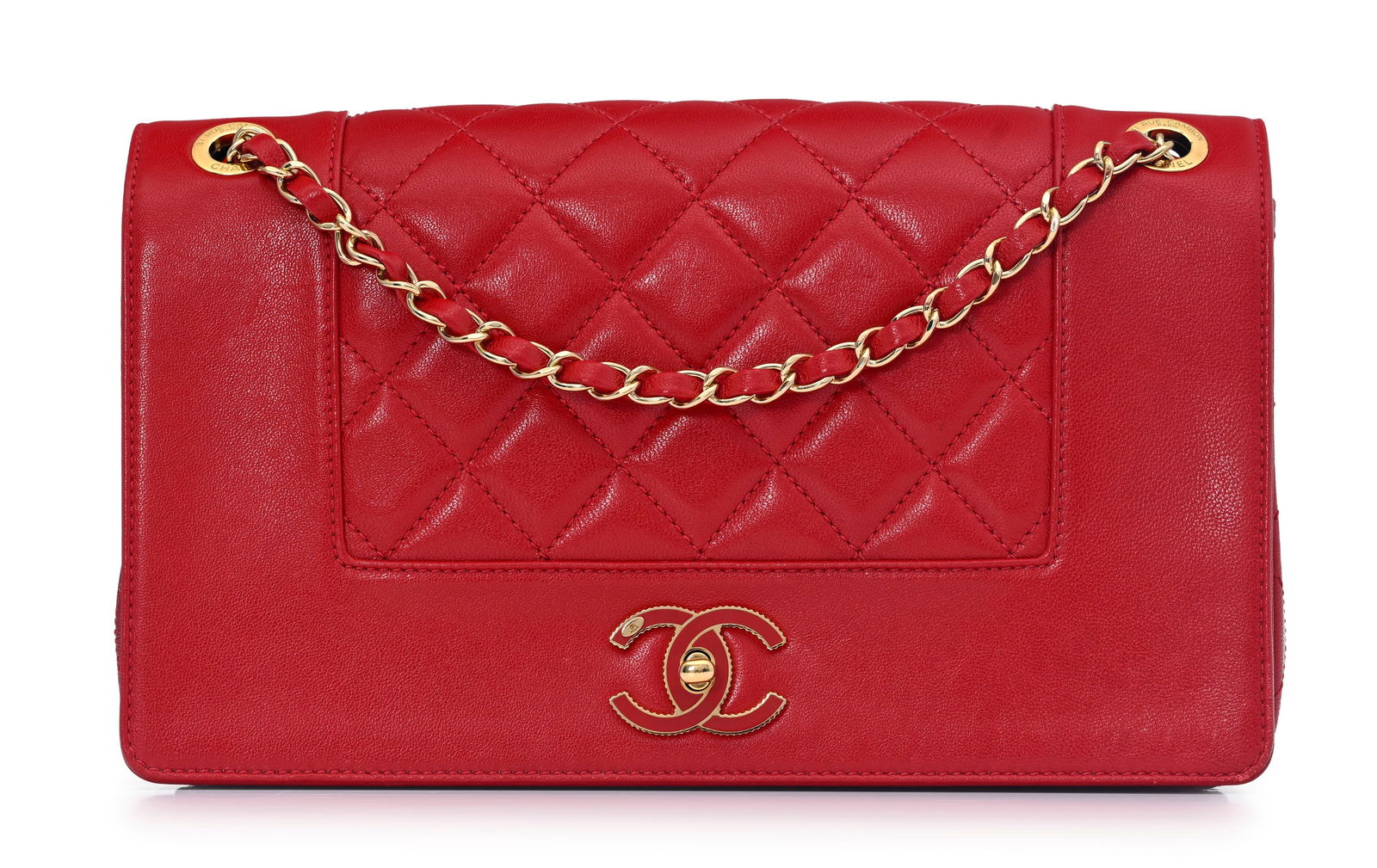Chanel, sac Mademoiselle à rabat en cuir rouge avec panneaux matelassés, année 2015-2: Chanel, sac Mademoiselle à rabat en cuir rouge avec panneaux matelassés, année 2015-2016, fermoir CC émaillé rouge, bandoulière à chaînette et cuir
