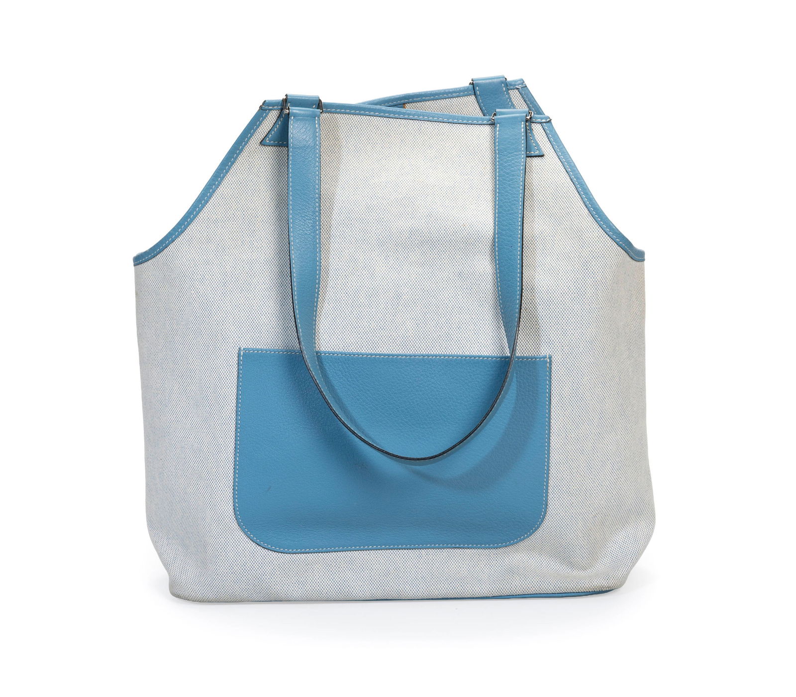 Hermès, sac Jardinier en toile H et cuir bleu jean, housse, 38x32 cm: Hermès, sac Jardinier en toile H et cuir bleu jean, housse, 38x32 cm 