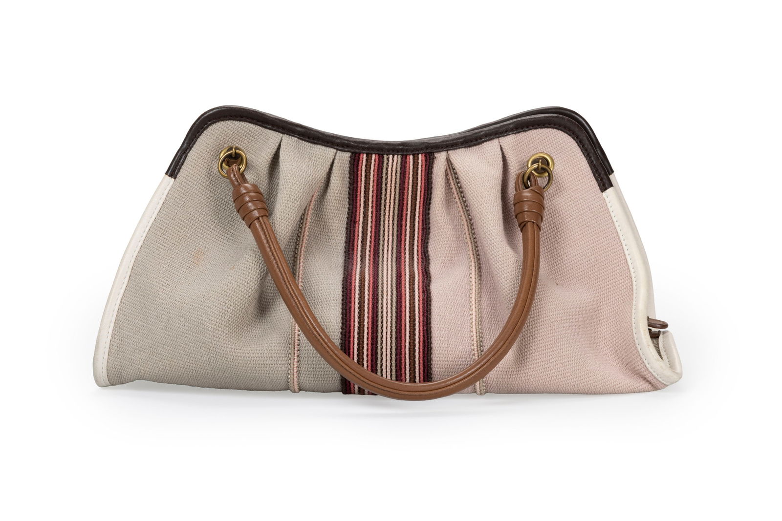 Bottega Veneta, sac Top Handle en toile rose et beige, housse, 16x32 cm: Bottega Veneta, sac Top Handle en toile rose et beige, housse, 16x32 cm 