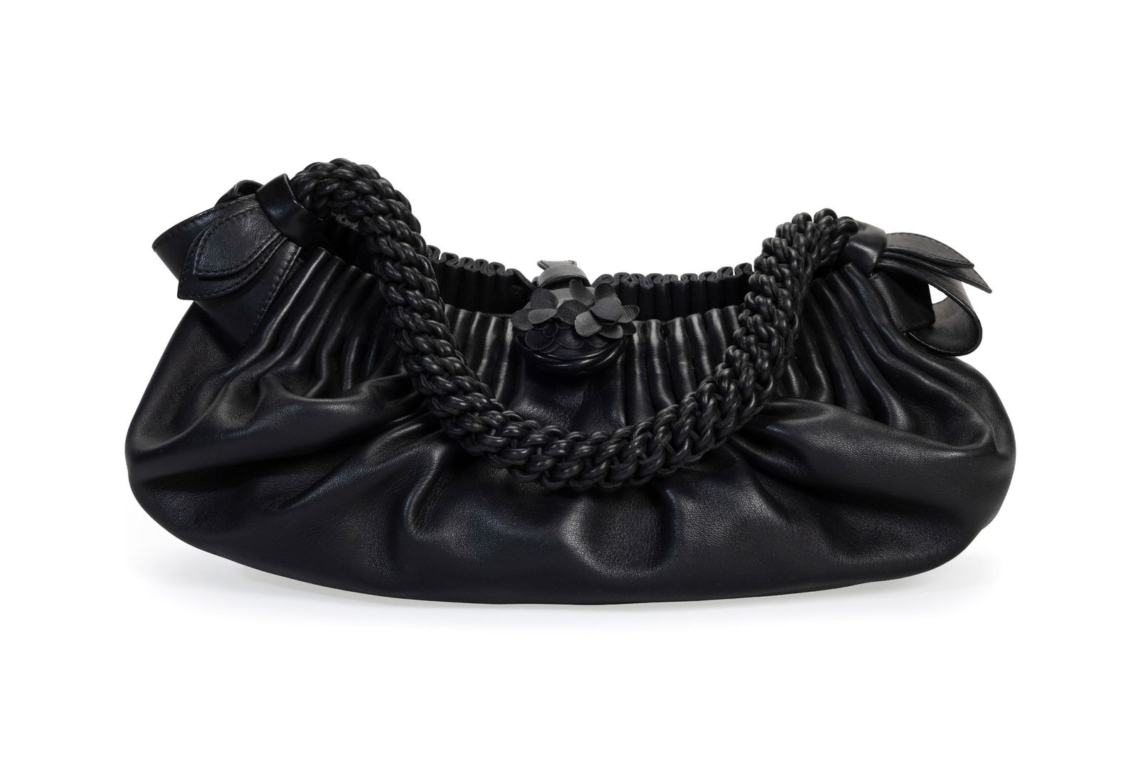 Bottega Veneta, sac Tote en cuir noir plissé, poignée tressé, 13x32 cm: Bottega Veneta, sac Tote en cuir noir plissé, poignée tressé, 13x32 cm 