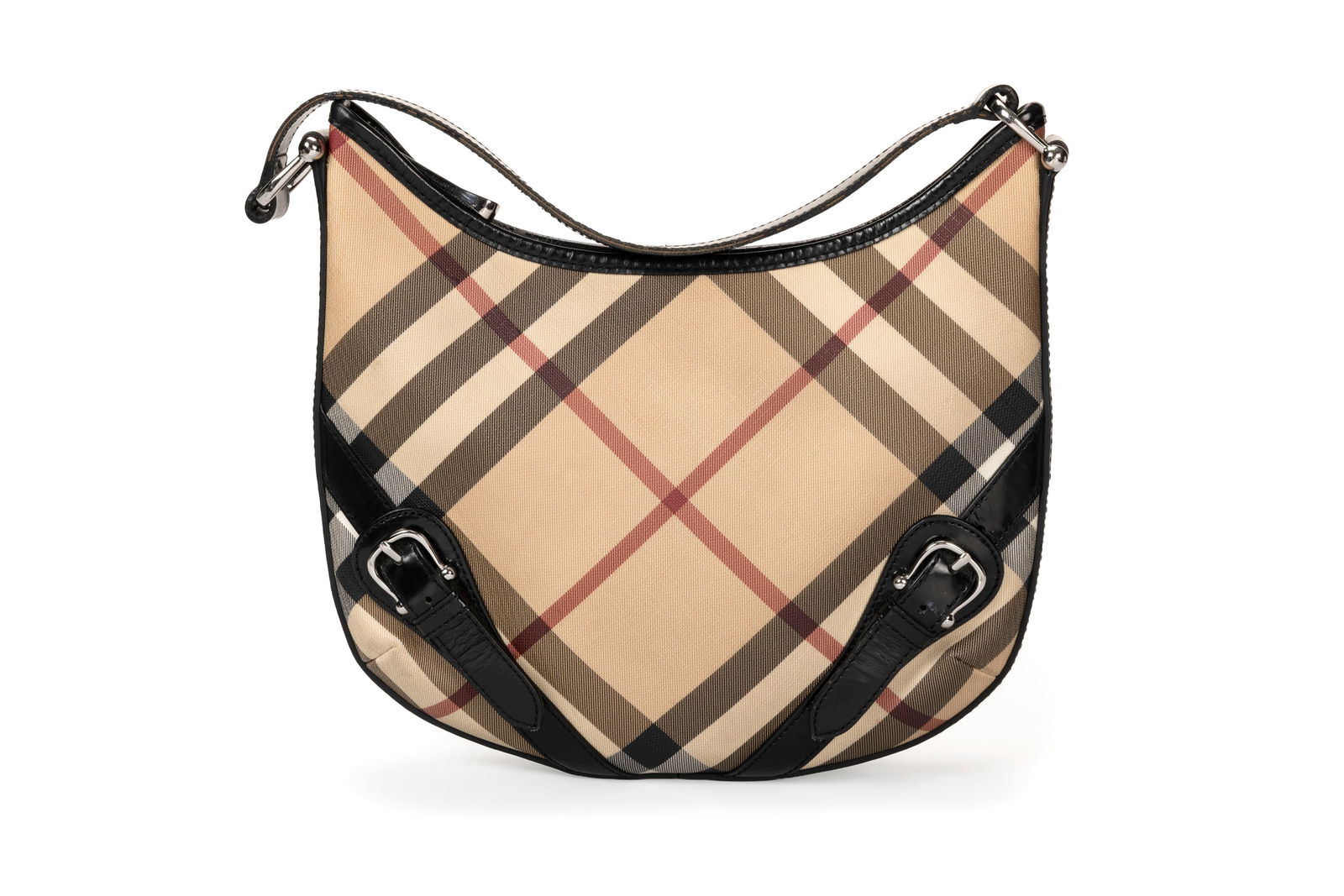 Burberry, sac Hobo en toile enduite Newmarket et cuir vernis noir, 22x30 cm: Burberry, sac Hobo en toile enduite Newmarket et cuir vernis noir, 22x30 cm 