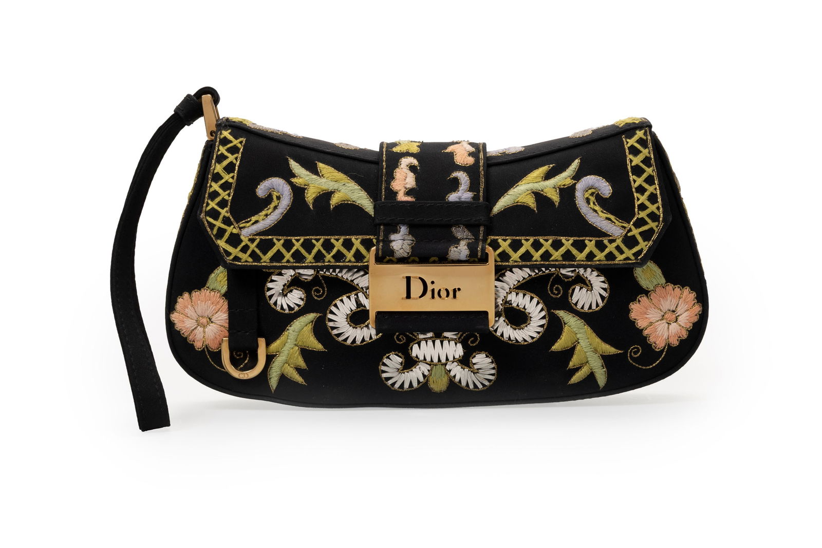 Christian Dior, pochette Jardin Magique en tissu noir, brodé de fleurs et feuillages, petit rab: Christian Dior, pochette Jardin Magique en tissu noir, brodé de fleurs et feuillages, petit rabat avec languette Dior, dragone, 10x20 cm ConditionTrès bon état de conservation 