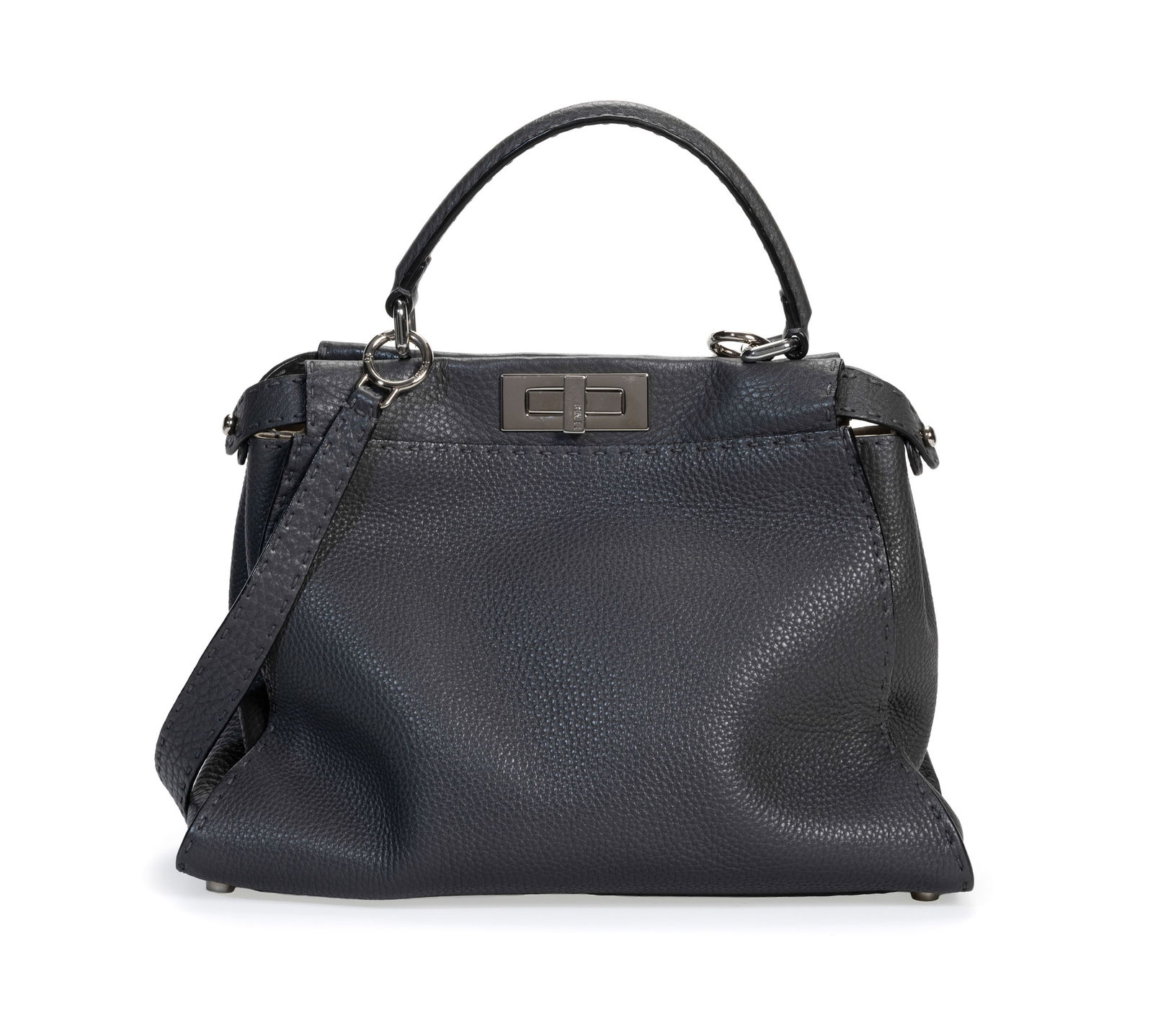 Fendi, mini Peekaboo Iconic en cuir grainé gris, bandoulière, housse, 24x34 cm: Fendi, mini Peekaboo Iconic en cuir grainé gris, bandoulière, housse, 24x34 cm 