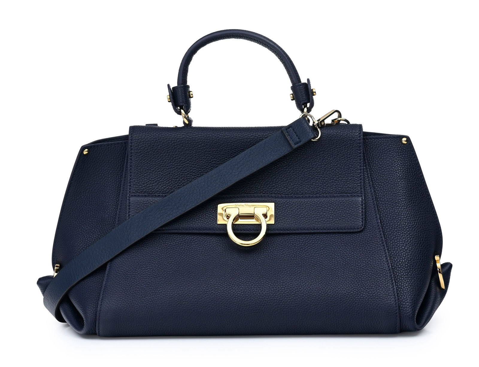 Salvatore Ferragamo, sac Sofia en cuir grainé bleu marine, bandoulière, housse, 22x32 cm: Salvatore Ferragamo, sac Sofia en cuir grainé bleu marine, bandoulière, housse, 22x32 cm 