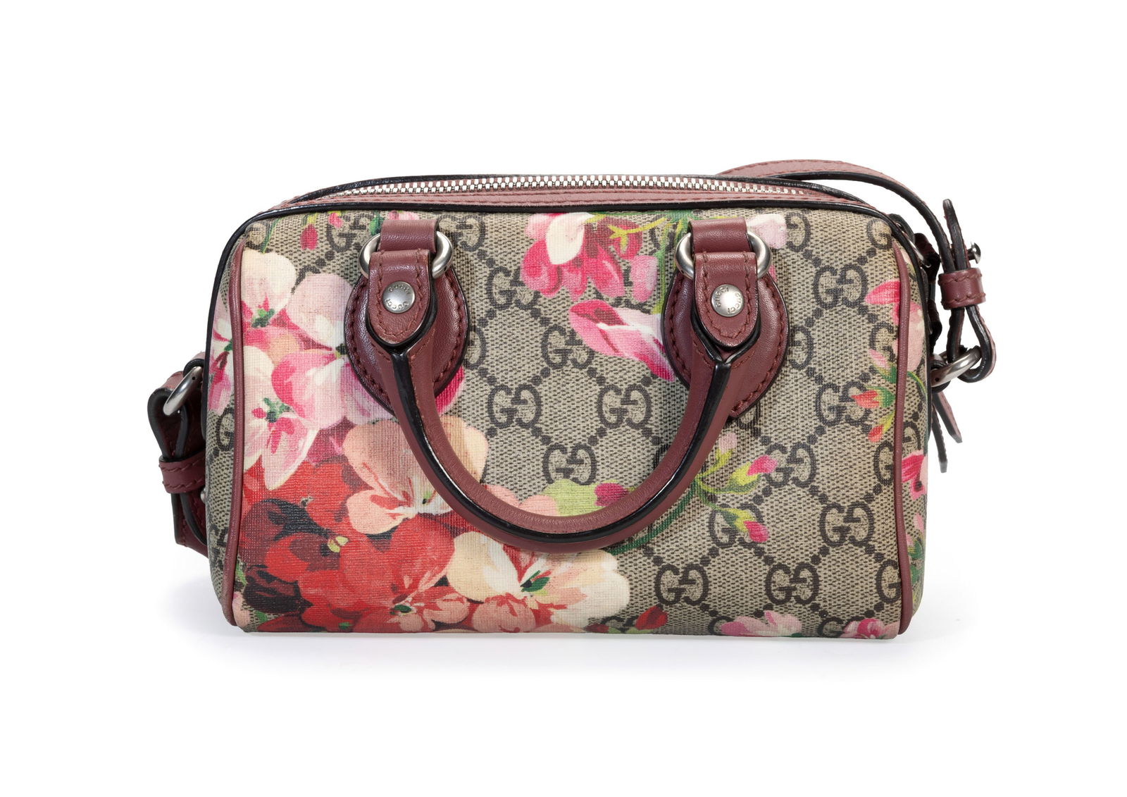 Gucci, sac GG Supreme Monogram Blooms Mini Boston en toile enduite imprimé de fleurs rose, blan - 2