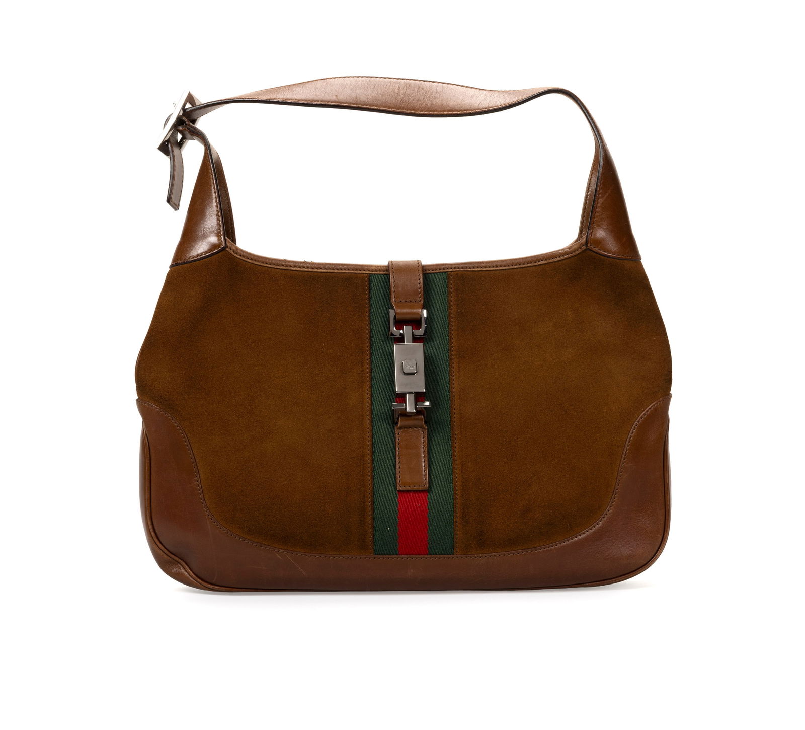 Gucci, sac Jackie en cuir et daim marron, le devant orné du ruban vert et rouge, housse, 21x31 : Gucci, sac Jackie en cuir et daim marron, le devant orné du ruban vert et rouge, housse, 21x31 cm 
