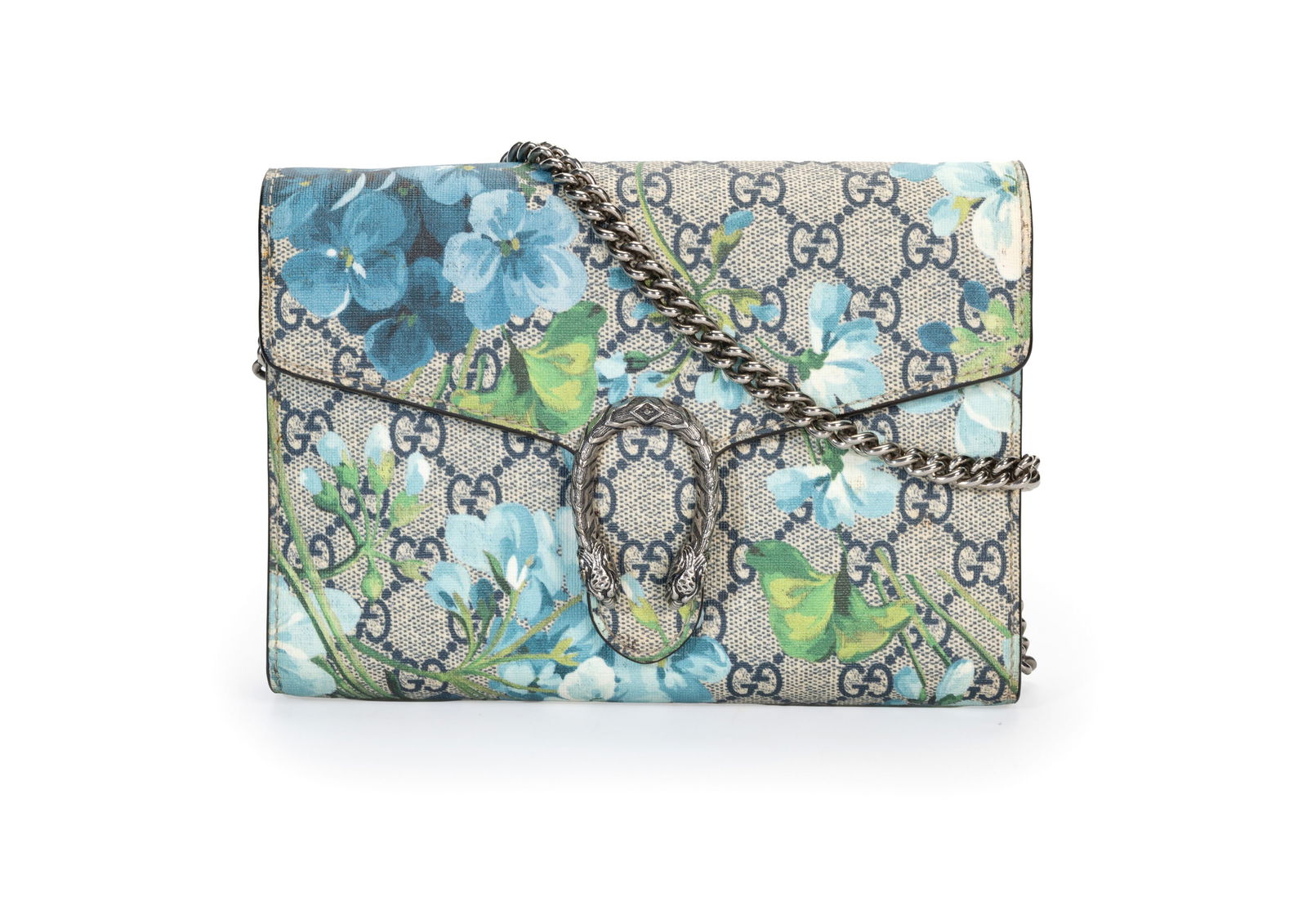 Gucci, wallet-on-a-chain pochette GG Supreme Dionysus Blooms en toile enduite imprimée de fleur: Gucci, wallet-on-a-chain pochette GG Supreme Dionysus Blooms en toile enduite imprimée de fleurs bleus et blancs,14x20 cm 