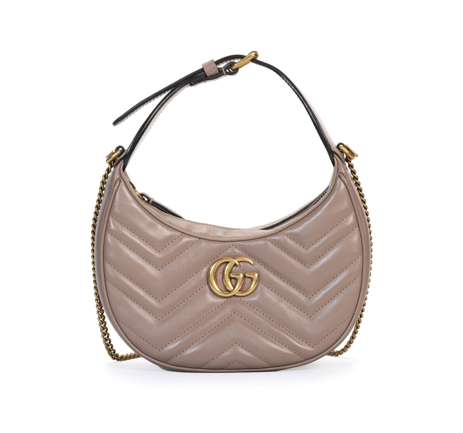 Gucci, sac demi-lune GG Marmont Half Moon en cuir beige moka, chaînette, housse 11x20 cm: Gucci, sac demi-lune GG Marmont Half Moon en cuir beige moka, chaînette, housse 11x20 cm 