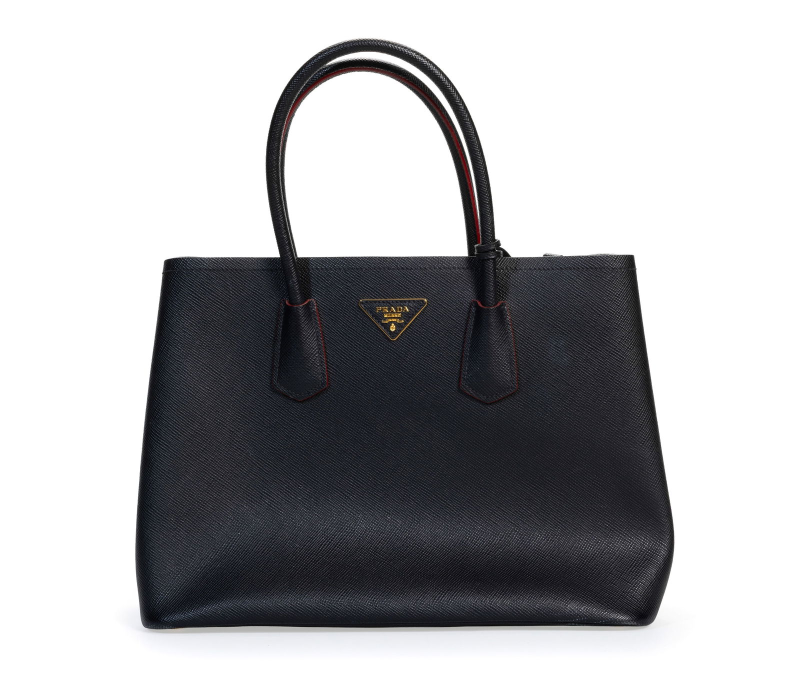Prada, sac Double Tote en cuir Saffiano noir et finitions et intérieur rouges, 26x35 cm: Prada, sac Double Tote en cuir Saffiano noir et finitions et intérieur rouges, 26x35 cm 