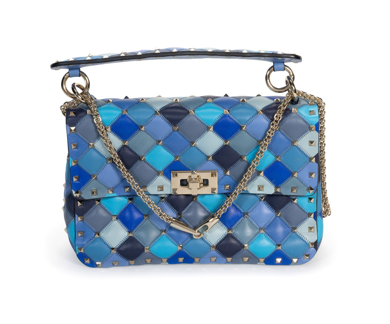 Valentino, sac Patchwork Rockstud en cuir bleu, turquoise, gris et bleu marine matelassé à: Valentino, sac Patchwork Rockstud en cuir bleu, turquoise, gris et bleu marine matelassé à carreaux, bandoulière à chaînette avec poignée sur le dessus, housse, 16x23 cm 